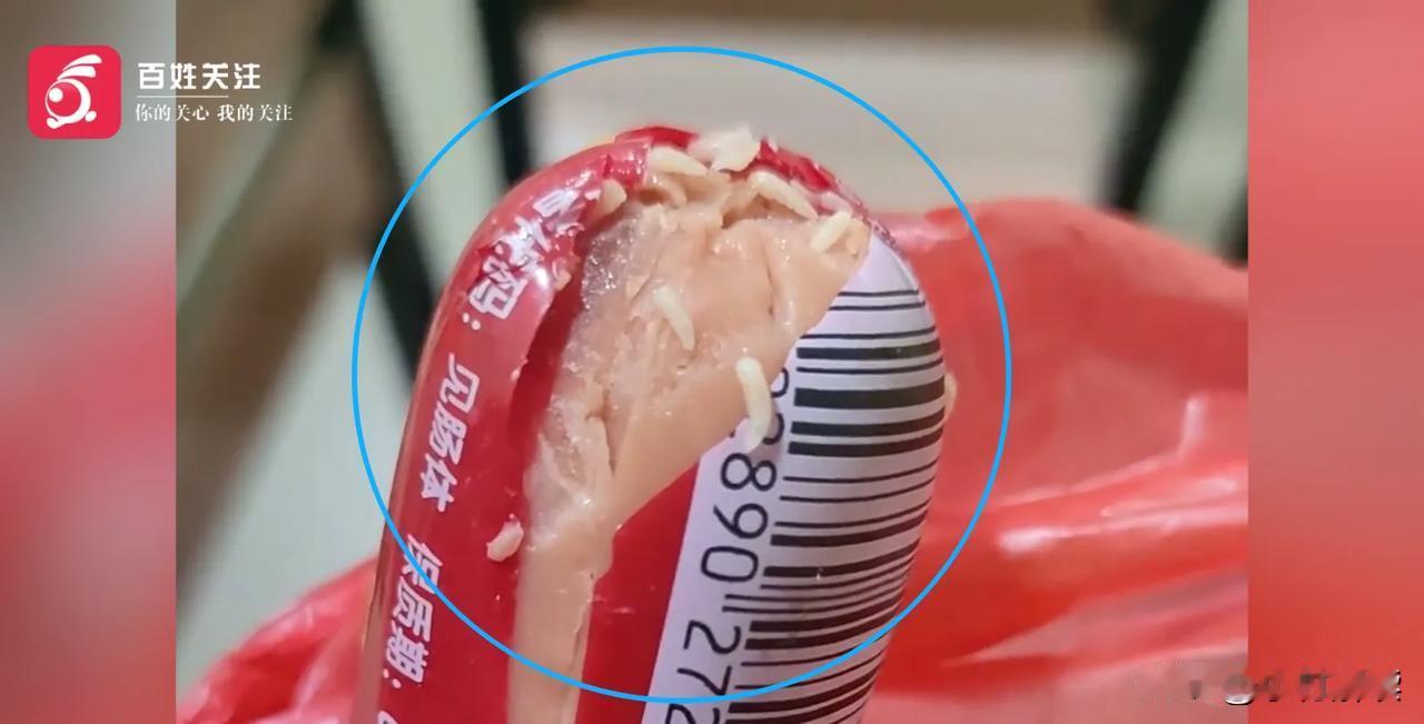 双汇的火腿肠里面有活的蛆？
有人买了火腿肠，打开一看里面有10来只活着的蛆，这我