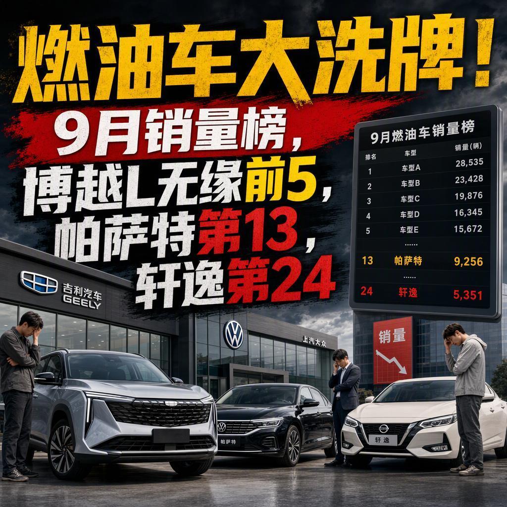 燃油车大洗牌！9月销量榜，博越L无缘前5，帕萨特第13，轩逸第24
很多人以为燃
