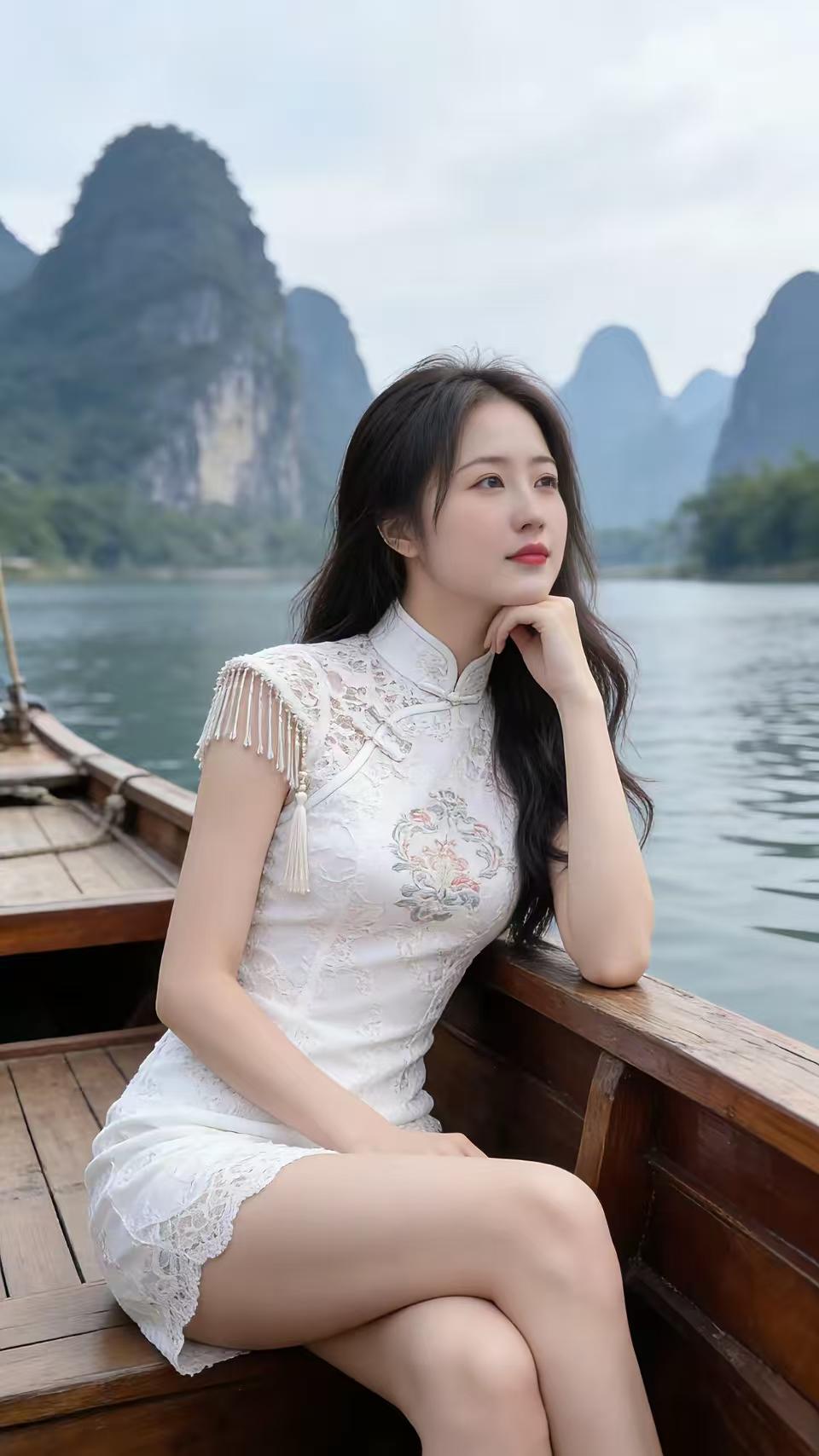 金字经·旗袍泛舟
扁舟清波荡，
旗袍佳影藏。
邂逅山水诗意长。
彰，韵姿如画彰。