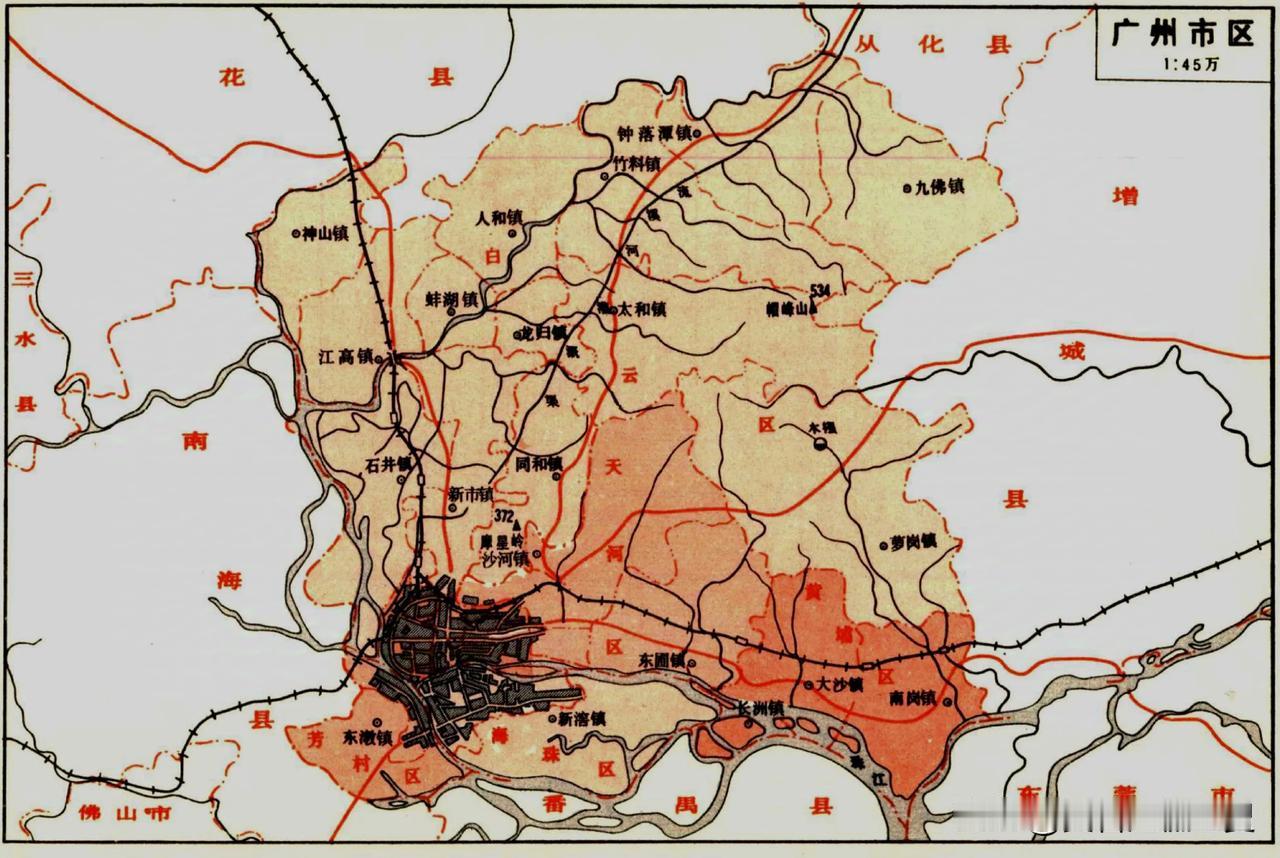 1986年广州市区简图及区划基本情况表。那时的广州只有东山区、荔湾区、越秀区是纯