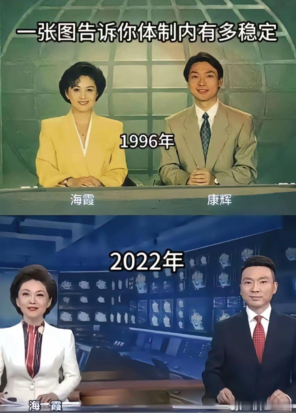 一张图告诉你体制内有多稳定，从1996年到2022年，新闻联播海霞和康辉就根本没