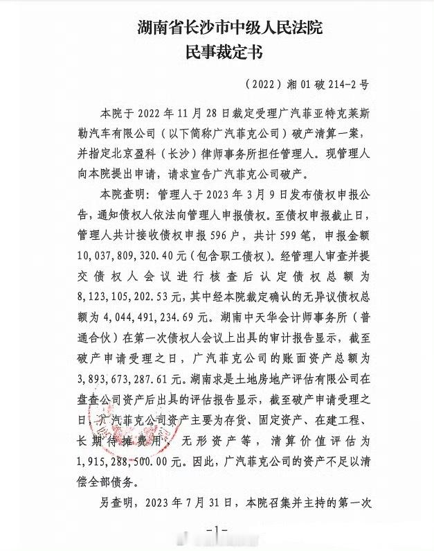 广汽菲克正式宣告破产。广汽菲克管理人发布消息，根据广汽菲克公司的负债情况、审计报