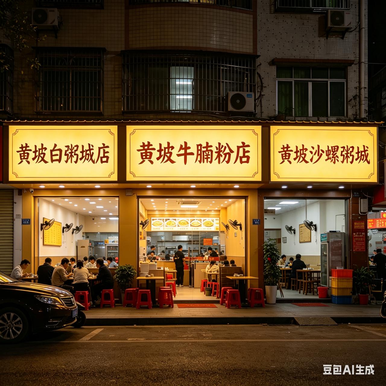 黄坡不夜城欢迎你，黄坡白粥三得店，黄坡牛腩粉胡须佬店，黄坡沙螺粥川西店