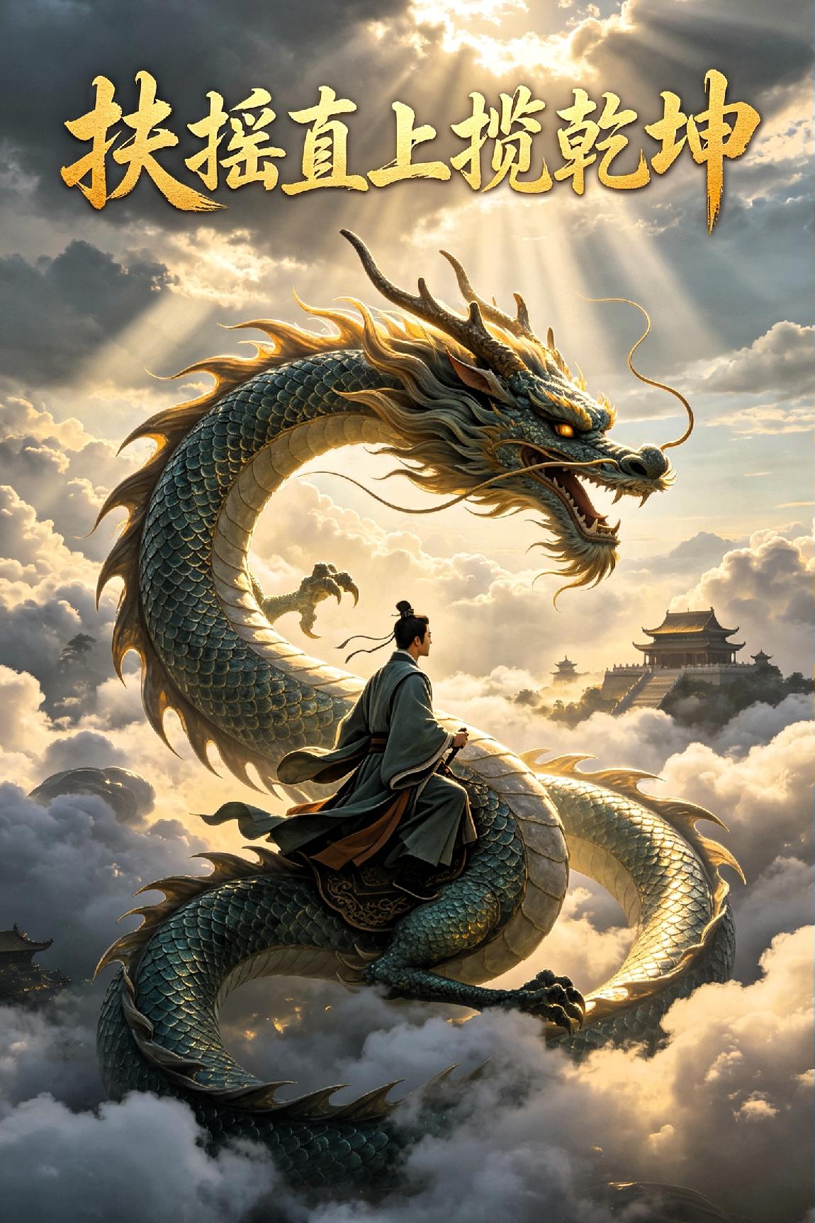 《扶摇直上揽乾坤》

 
长风振袂出尘樊，怒驾云涛向宇寰。

策马登临千仞岭，挥