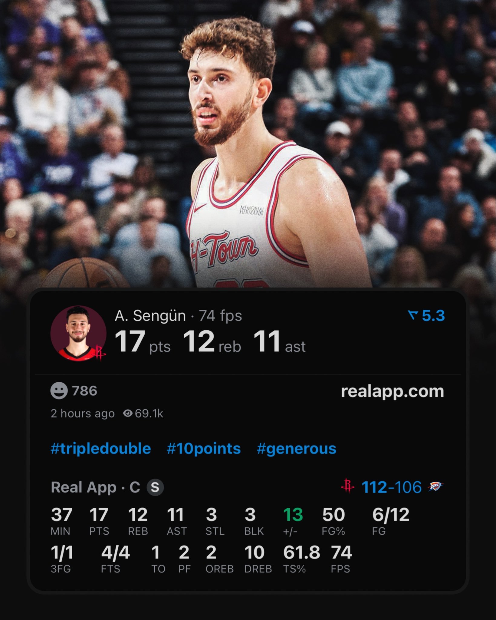 阿门·汤普森缺阵的火箭客场在雷霆身上结束了两连败，申京1失误砍三双，火箭首发四人