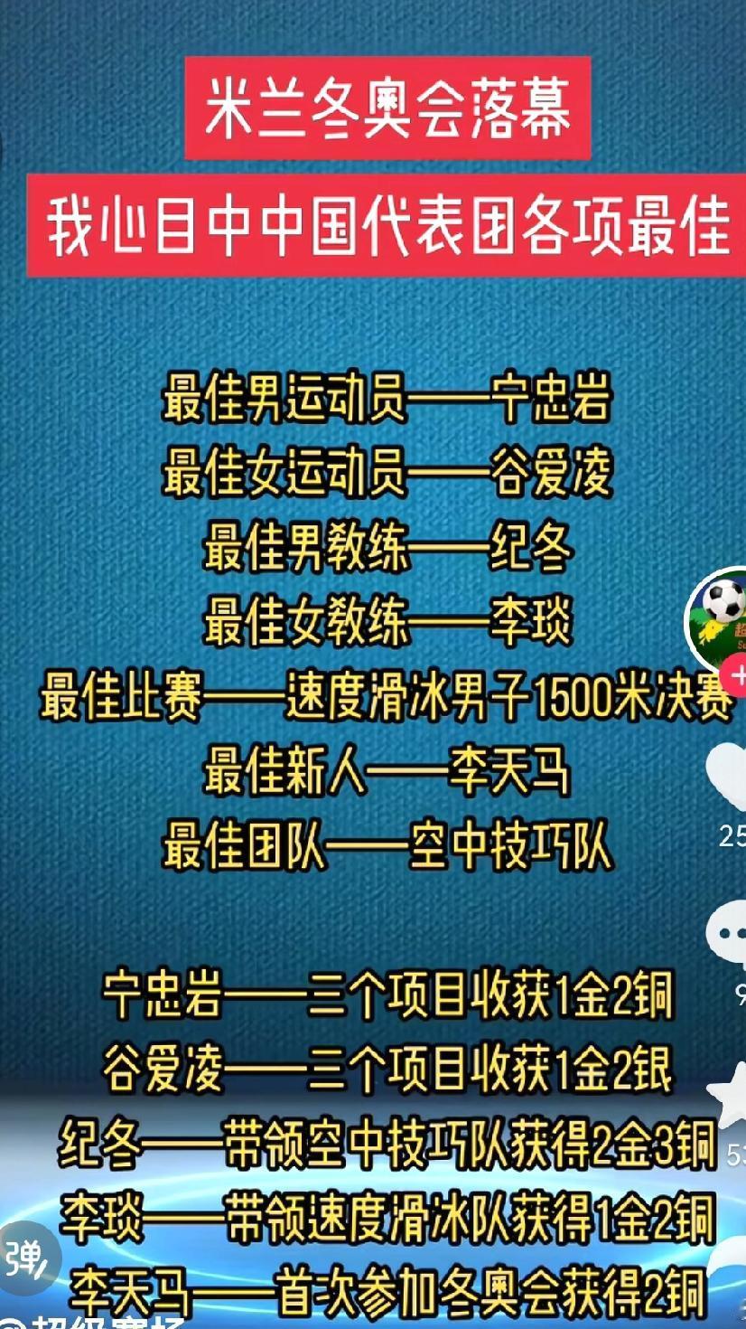 刚刚看到，网友评出的冬奥会最佳，见图。

最佳男女运动员归属于宁忠岩和谷爱凌。最