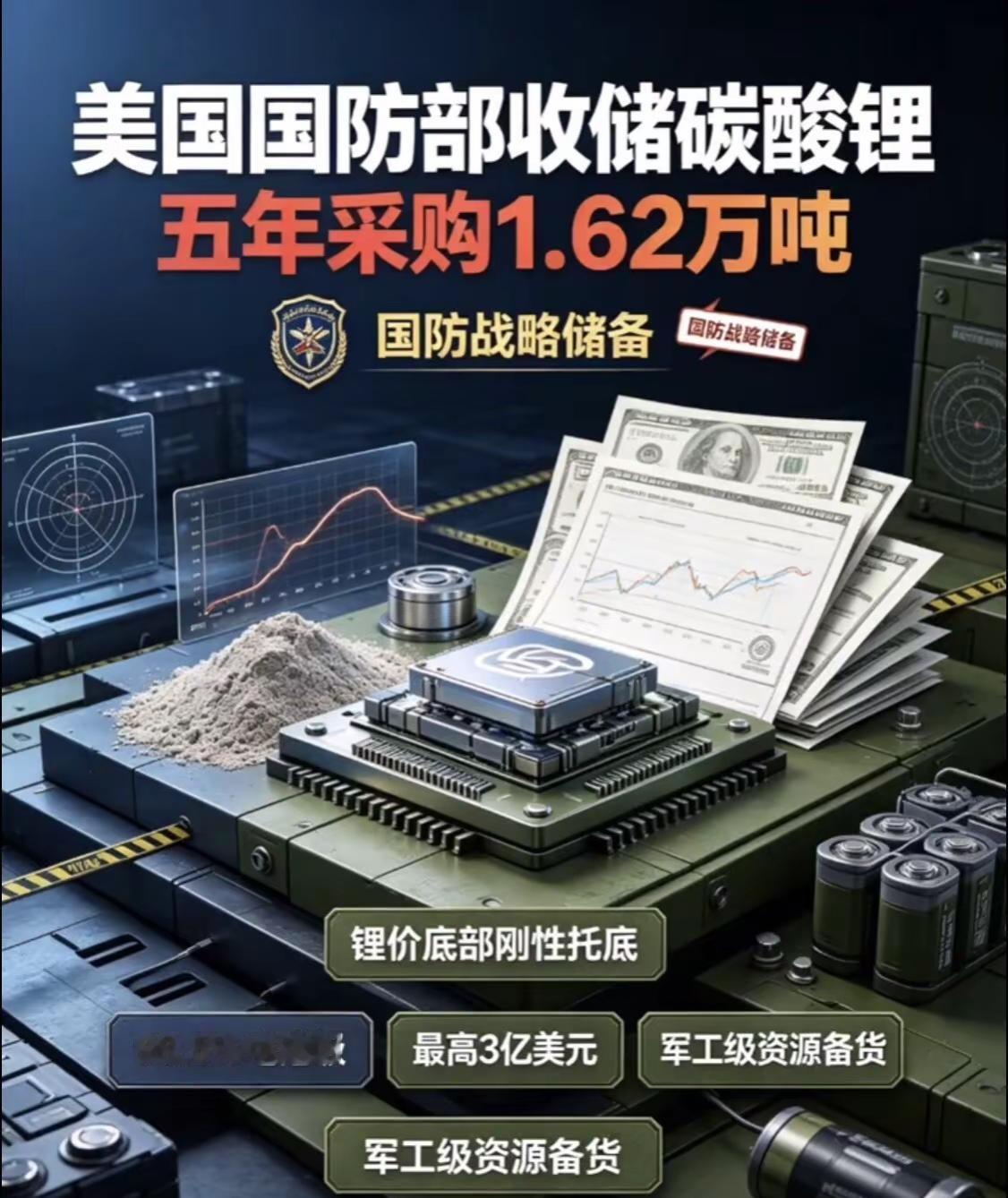 美国国防部启动碳酸锂战略收储。碳酸锂收储美国国防部后勤局发布招标公告，计划通过五