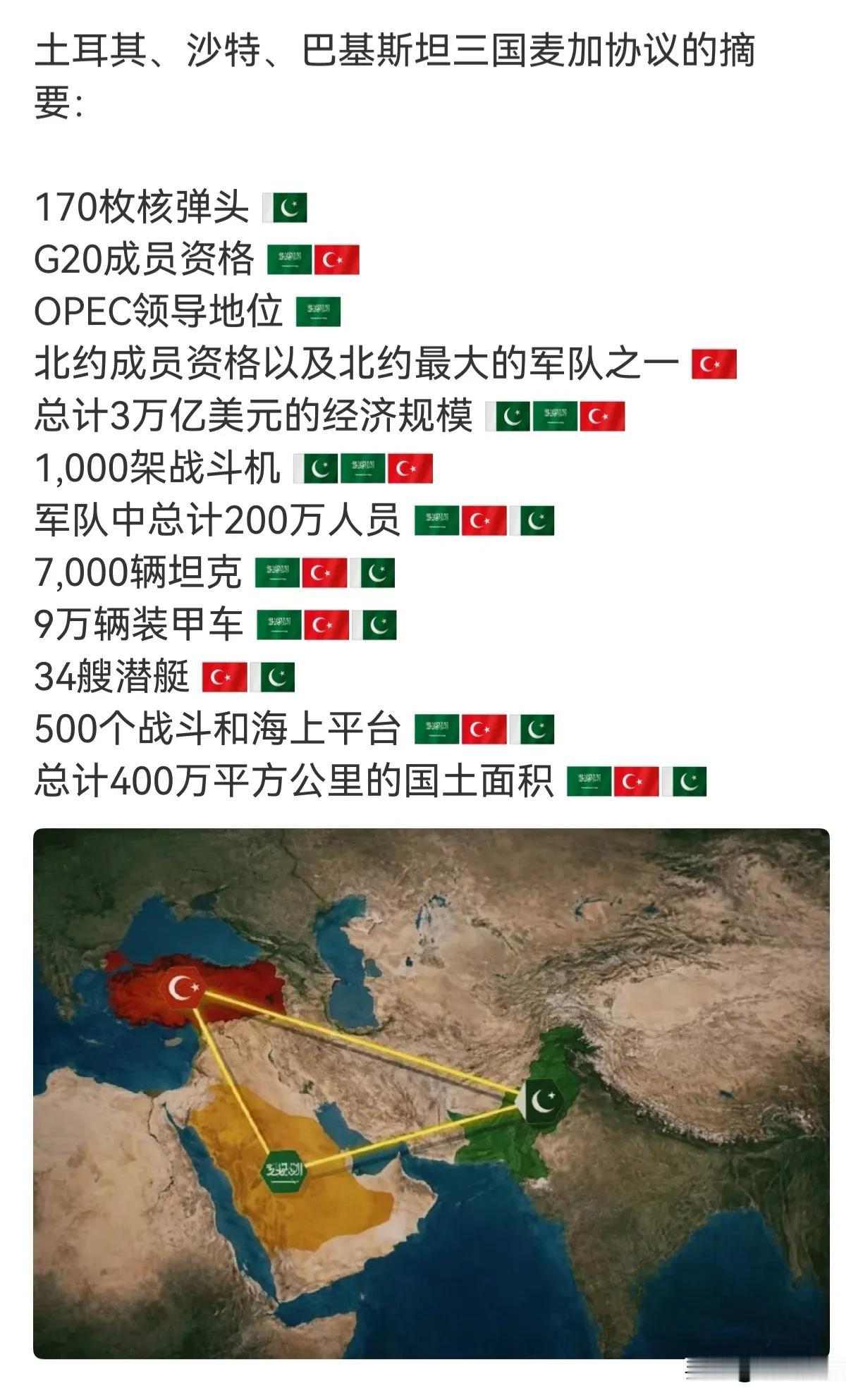 这个联盟的实力堪称中东版小北约。

400万平方公里国土面积，200万军队规模，