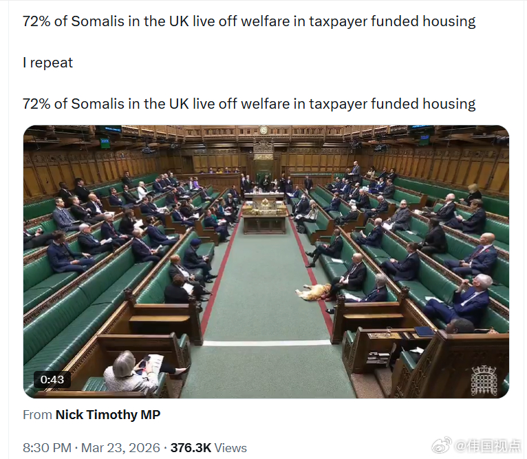 在英国，72%的索马里人靠福利生活，住在纳税人资助的福利住房中。 