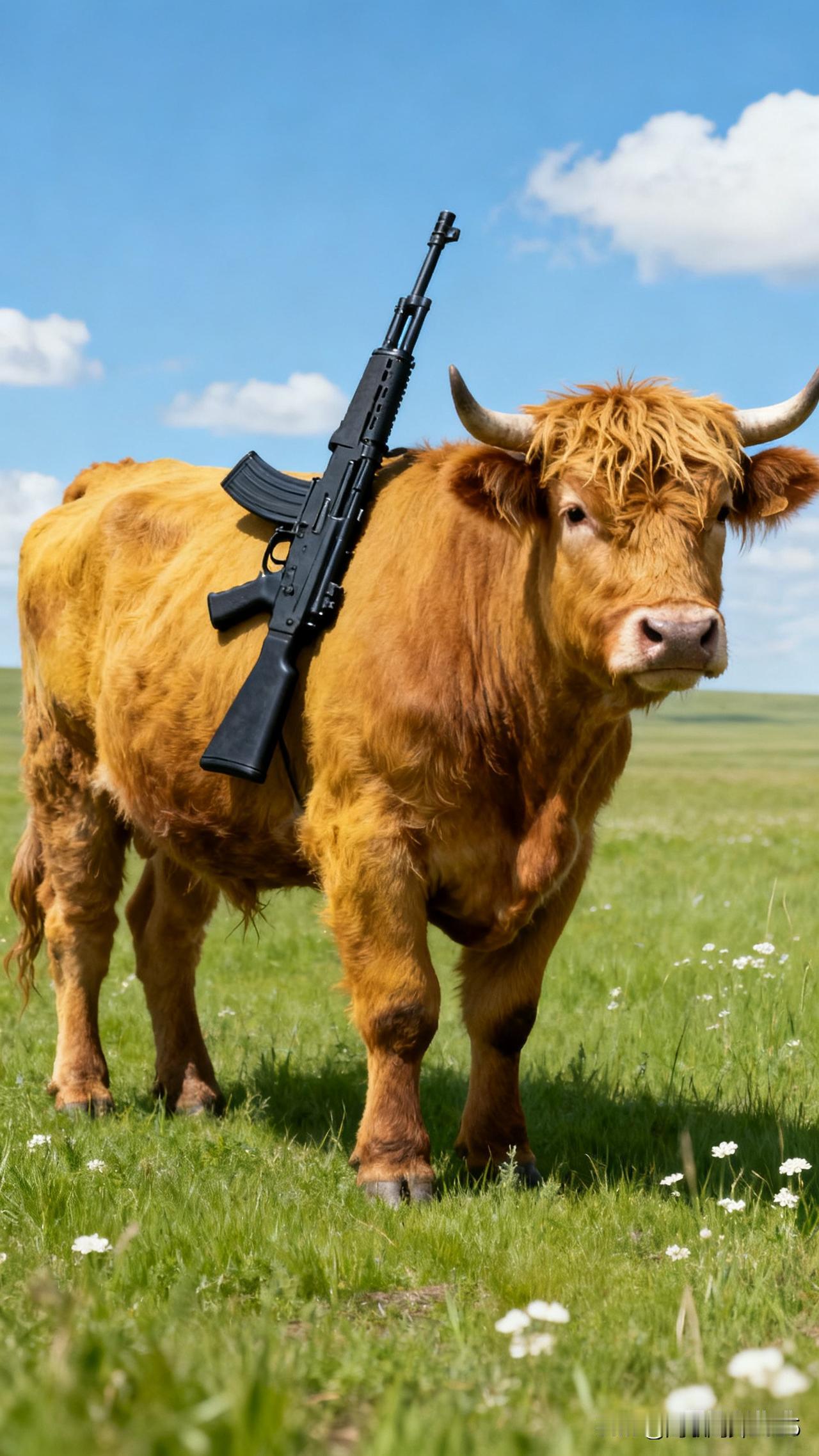 给牛挎上冲锋枪，显得威武霸气、高大雄壮。
然而，它见了狼却一样害怕，
毕竟这两个