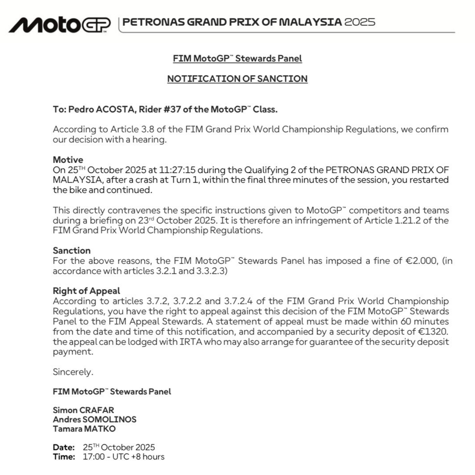 阿科斯塔成为了MotoGP排位赛3分钟新规的第一个试验者，被罚款2000欧元从本