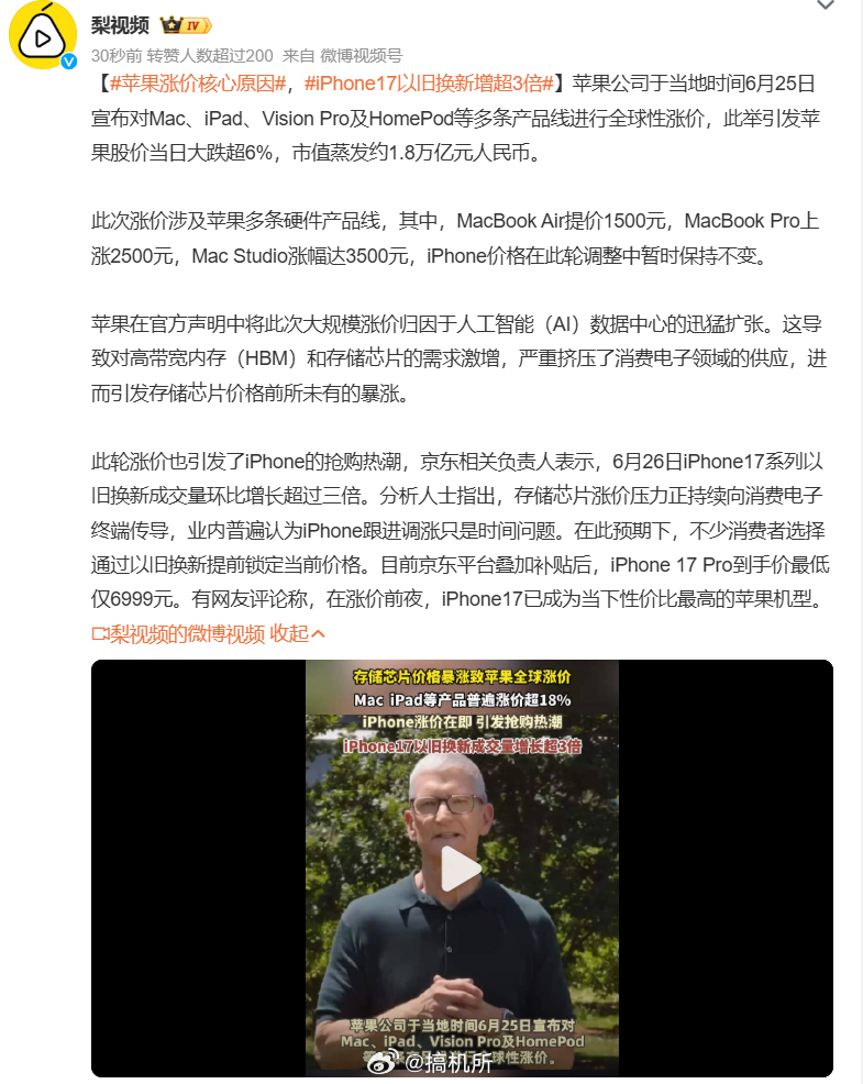 iPhone17以旧换新增超3倍昨天 iPad 和 Mac 系列突然涨价，其实也