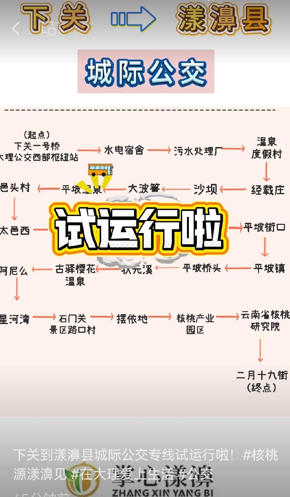 📢下关到漾濞县城际公交专线试运行啦！
🚌2024年2月1日，下关至平坡镇城际