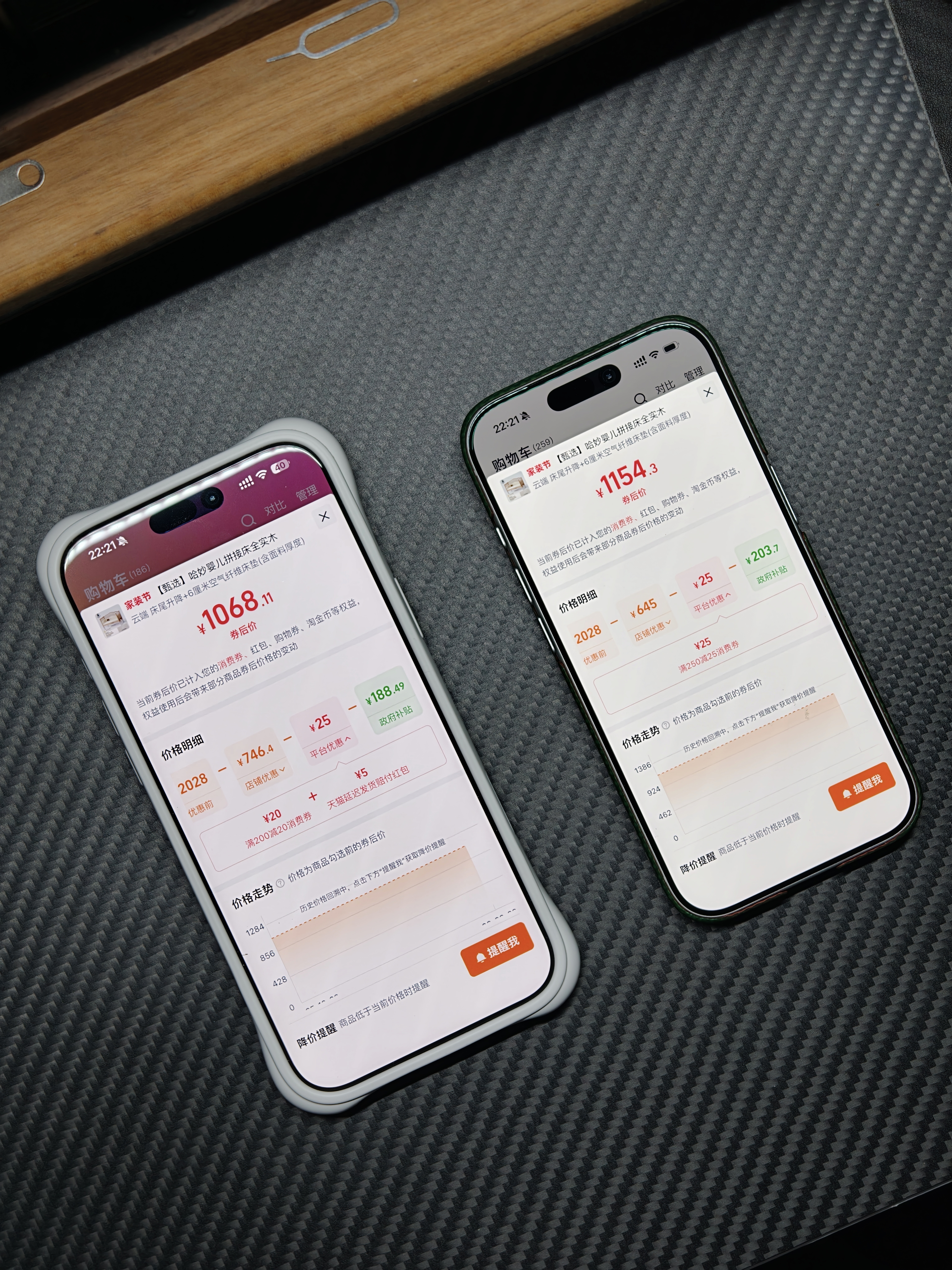 准备给小牙买个拼接床，打开淘宝，我跟我老婆手机同一家店铺两个价，我的 1154，