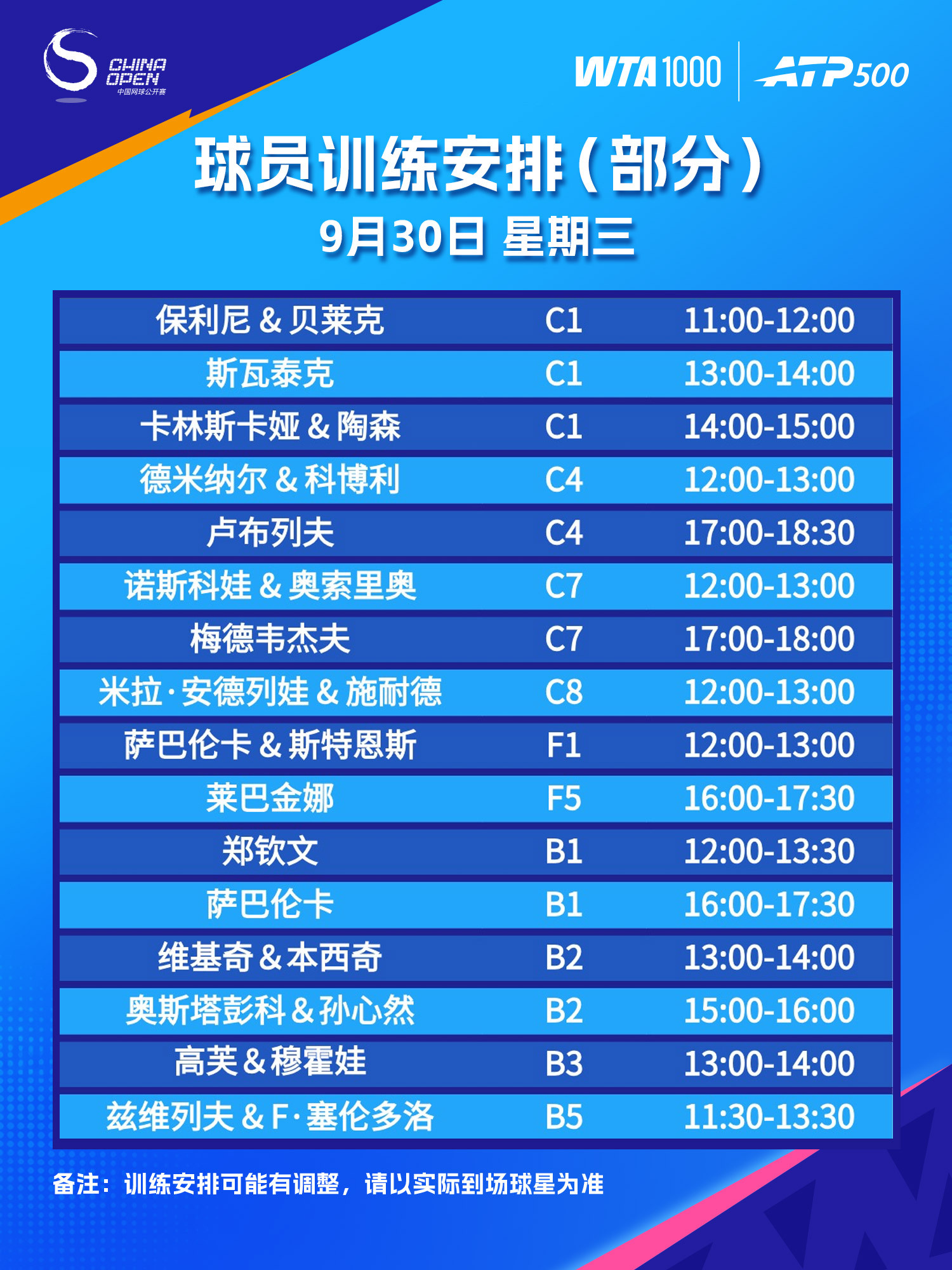 9月30日2026中网 球员训练的部分安排[点赞]羡慕在北京的朋友们 可以近距离