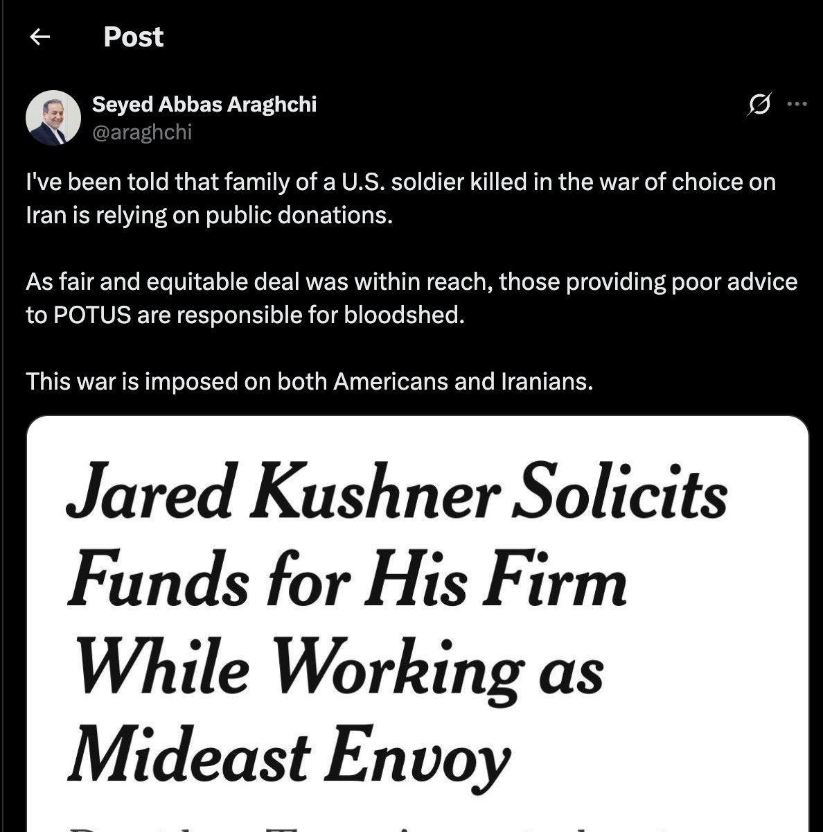 伊朗外交部长阿巴斯·阿拉格奇表示：据我所知，一名在对伊朗发动的非必要战争中丧生的