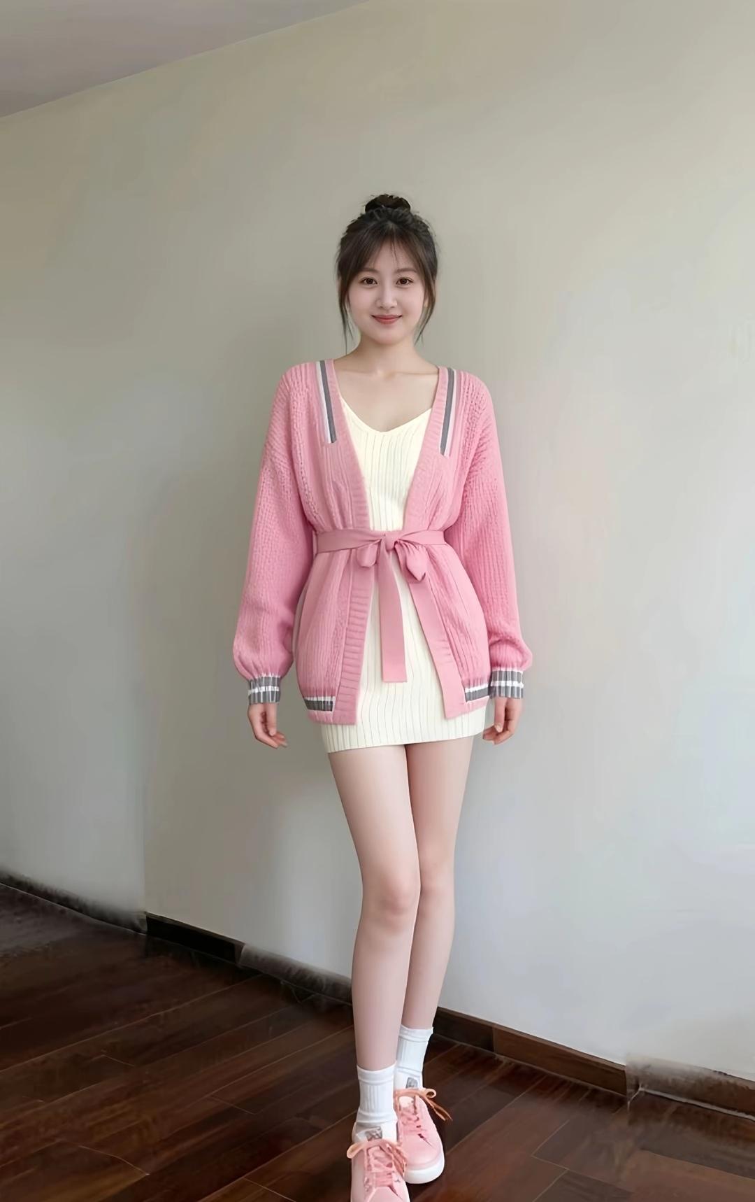 穿粉色毛衣外套，搭配白色裙子，休闲又可爱。