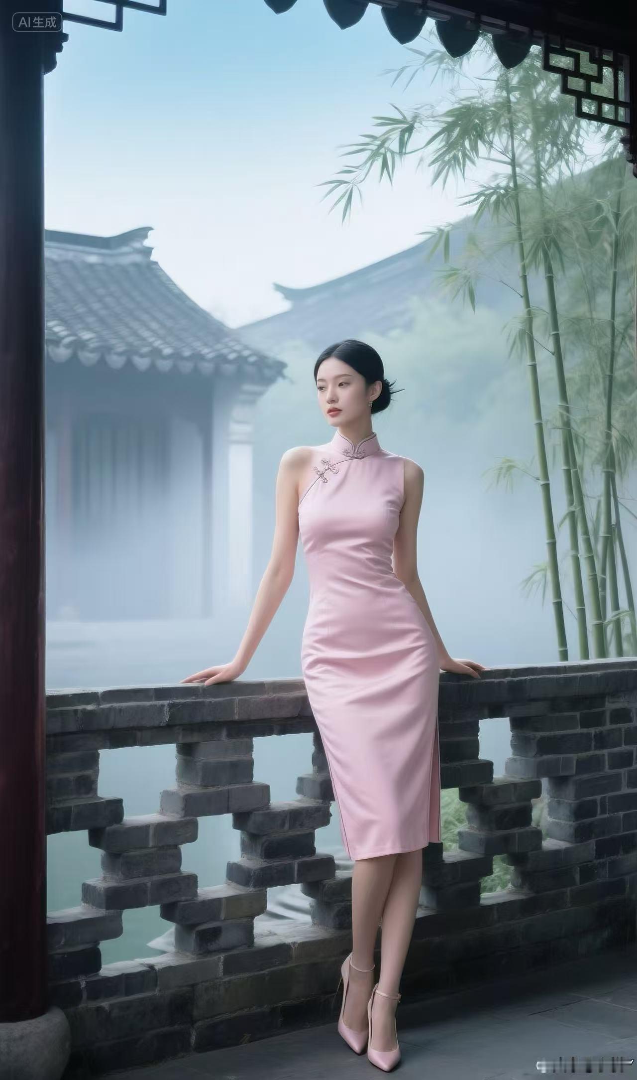 身穿浅粉色旗袍的东方美人旗袍 旗袍秀东方美人 新中式旗袍美女 江南美女旗袍 旗袍