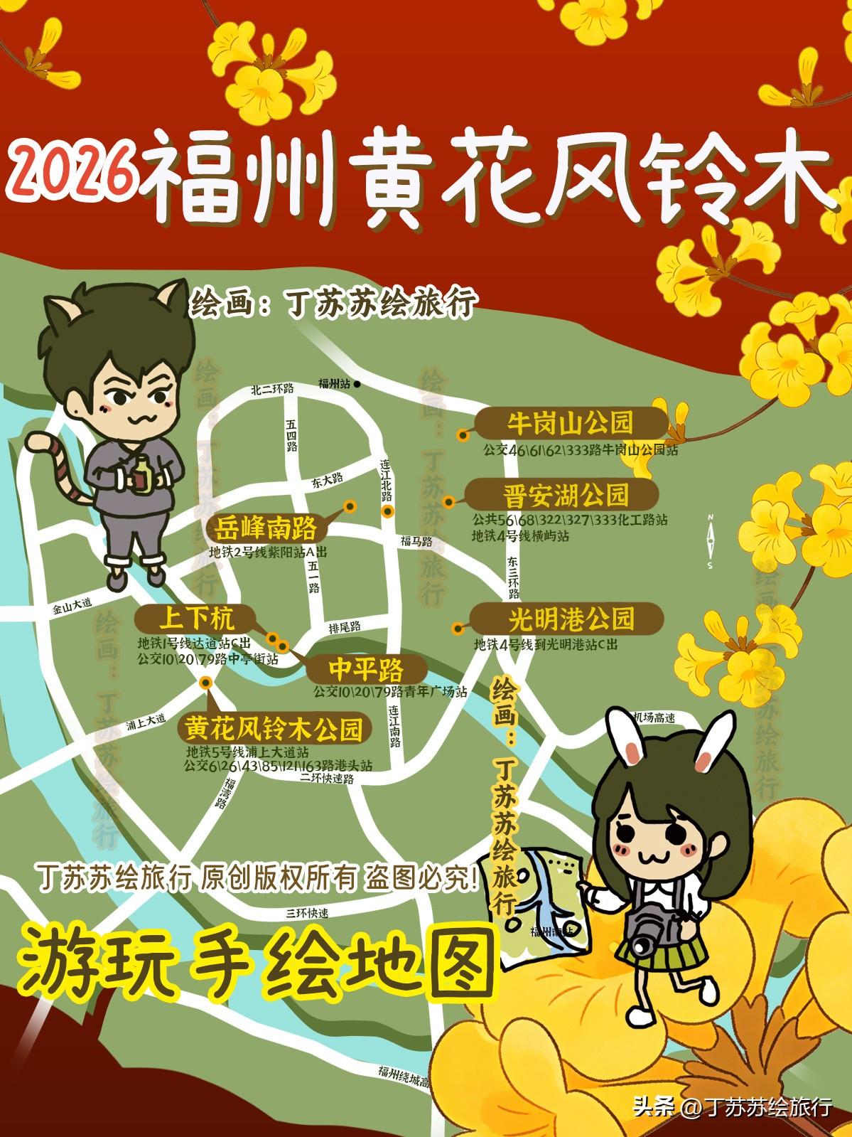福州黄花风铃木7个景点怎么拍‼️国风赏花手绘地图+摄影攻略！3月底满城尽戴黄金甲
