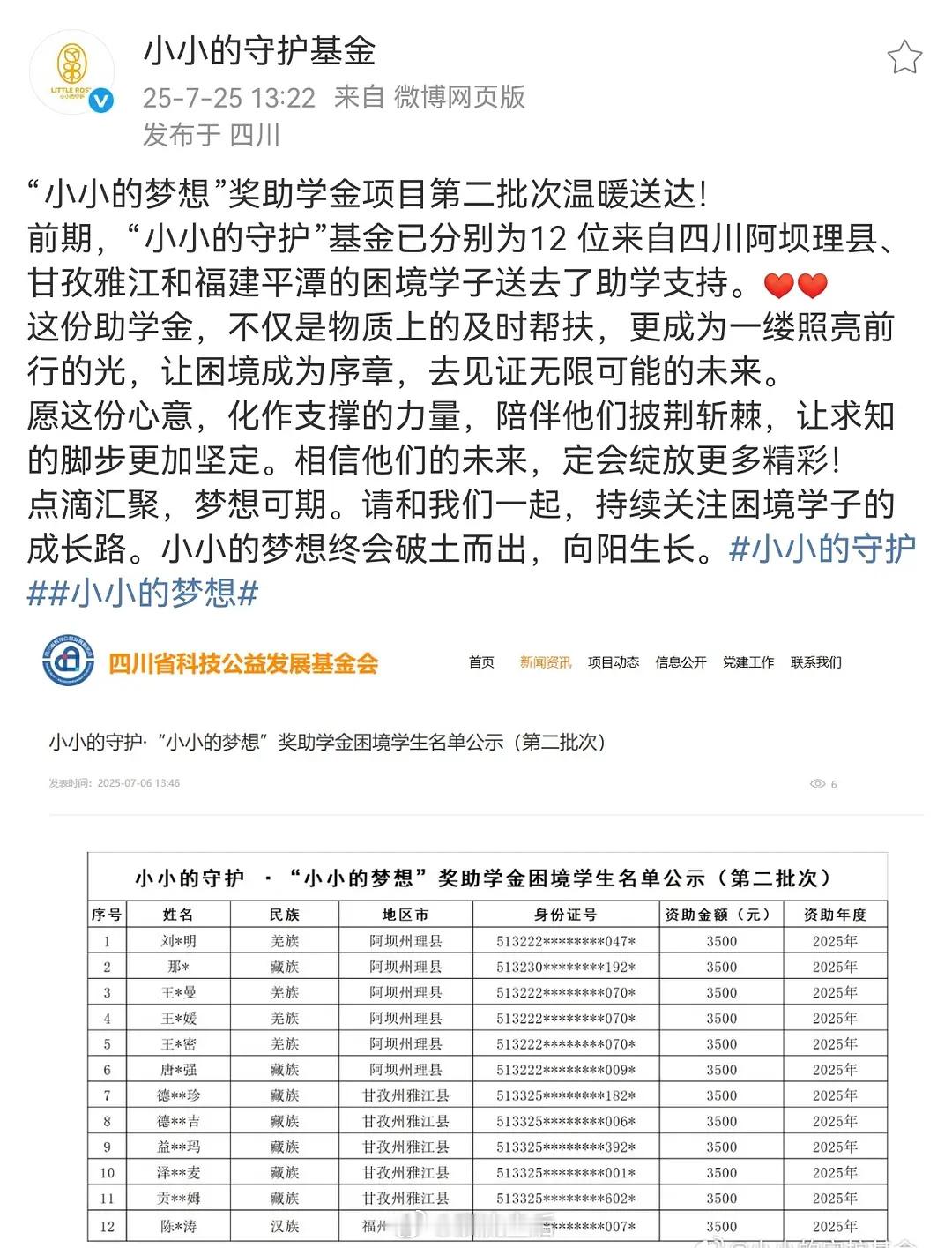 赵露思捐献的第二批小小的梦想奖助学金名单公布啦，把公益做到实处，这个露思太温暖啦
