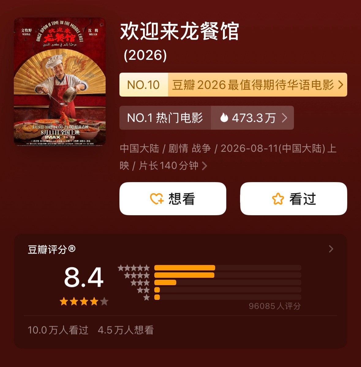 《欢迎来龙餐馆》豆瓣开分8.4 