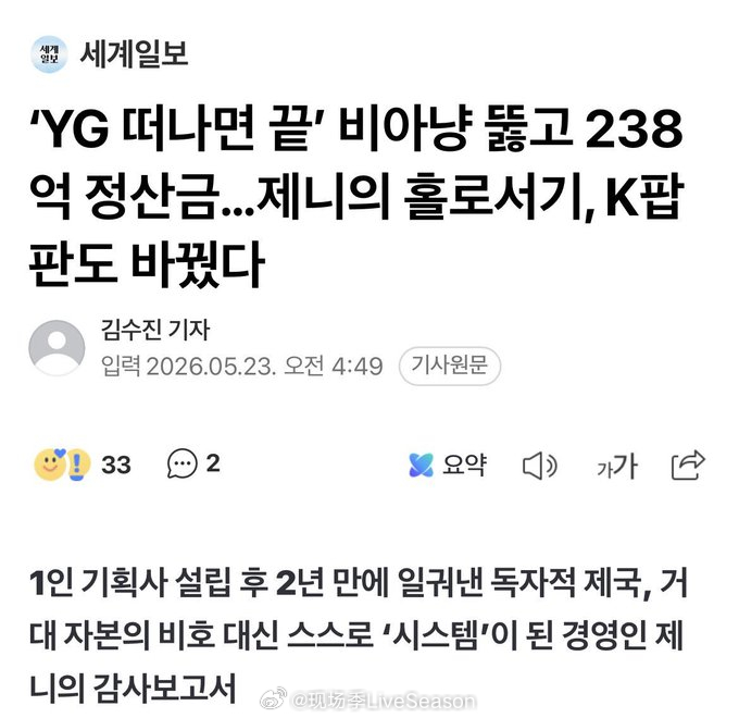 JENNIE 【JENNIE独立发展获赞，个人厂牌财报数据亮眼】据韩国金融监督院