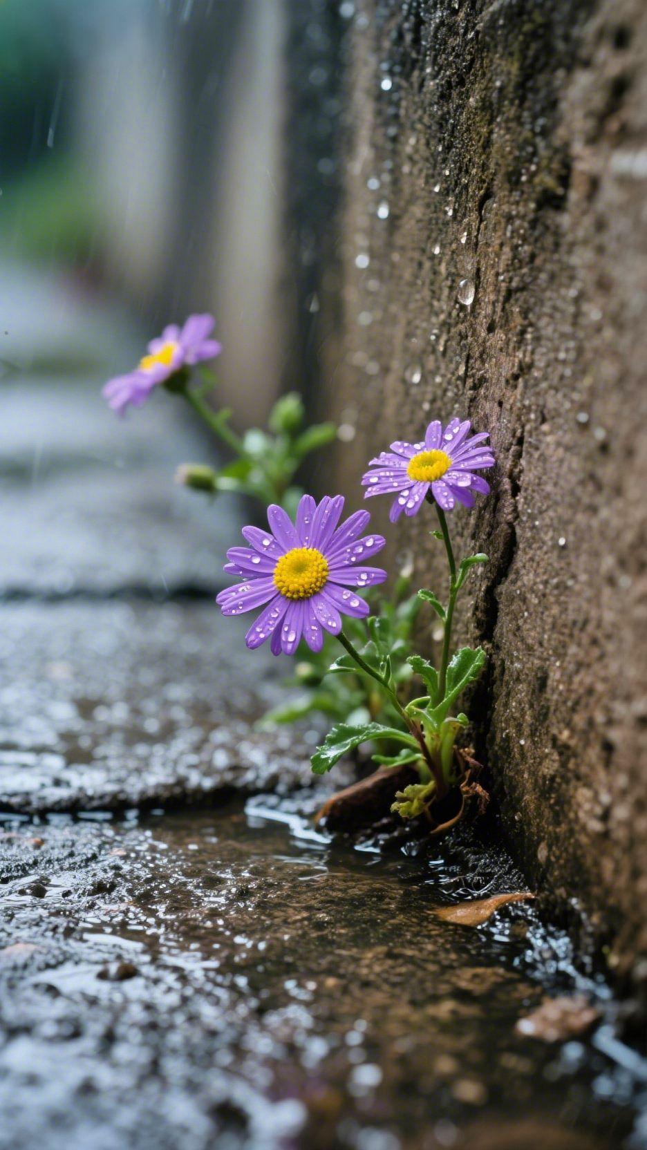 雨润紫花自芬芳
 
雨丝斜斜织过巷弄，青石板浸成深褐，水珠顺着粗糙的墙缝滚落，却
