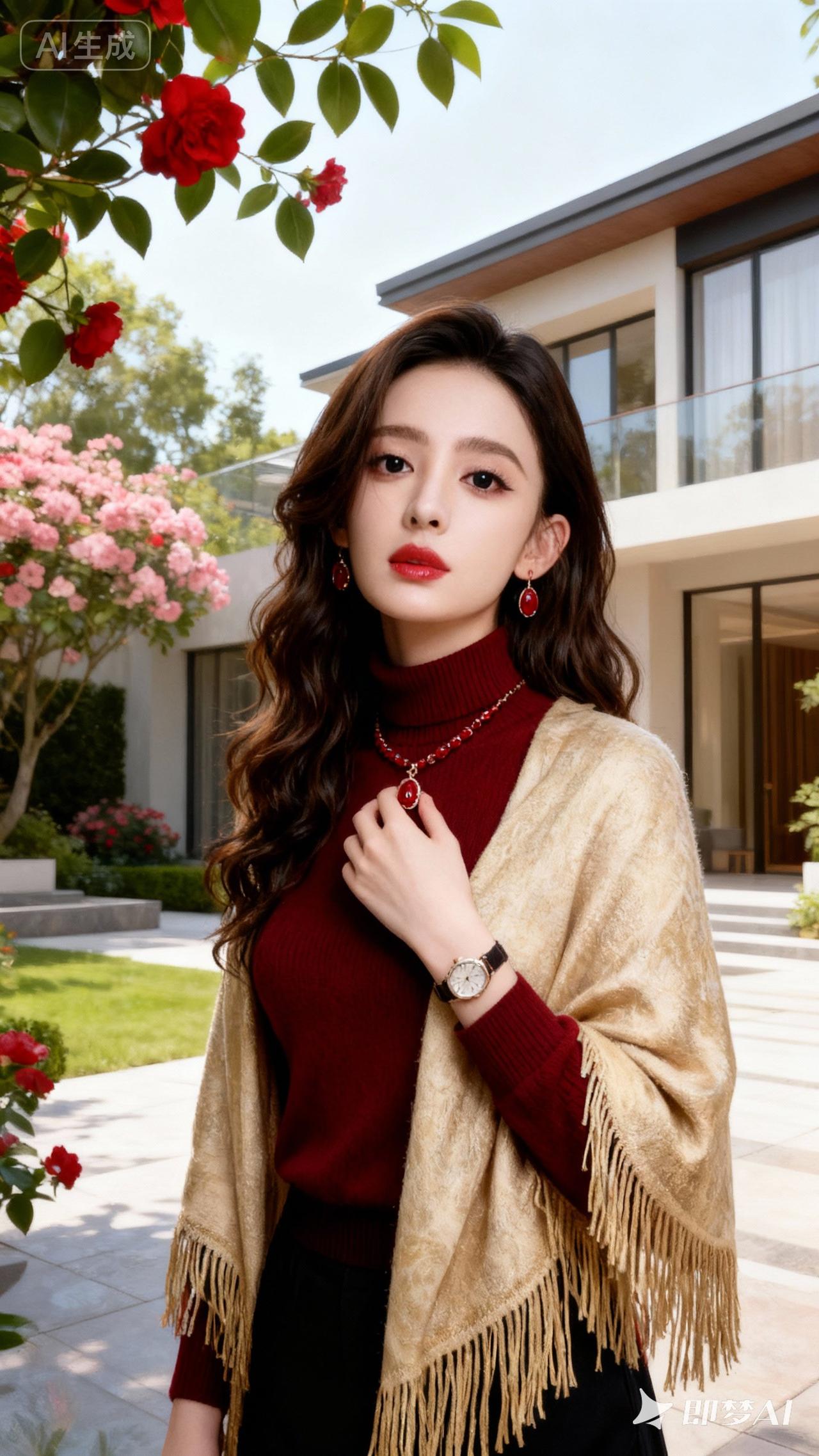 优雅红唇，复古毛衣，金丝披肩，时尚穿搭