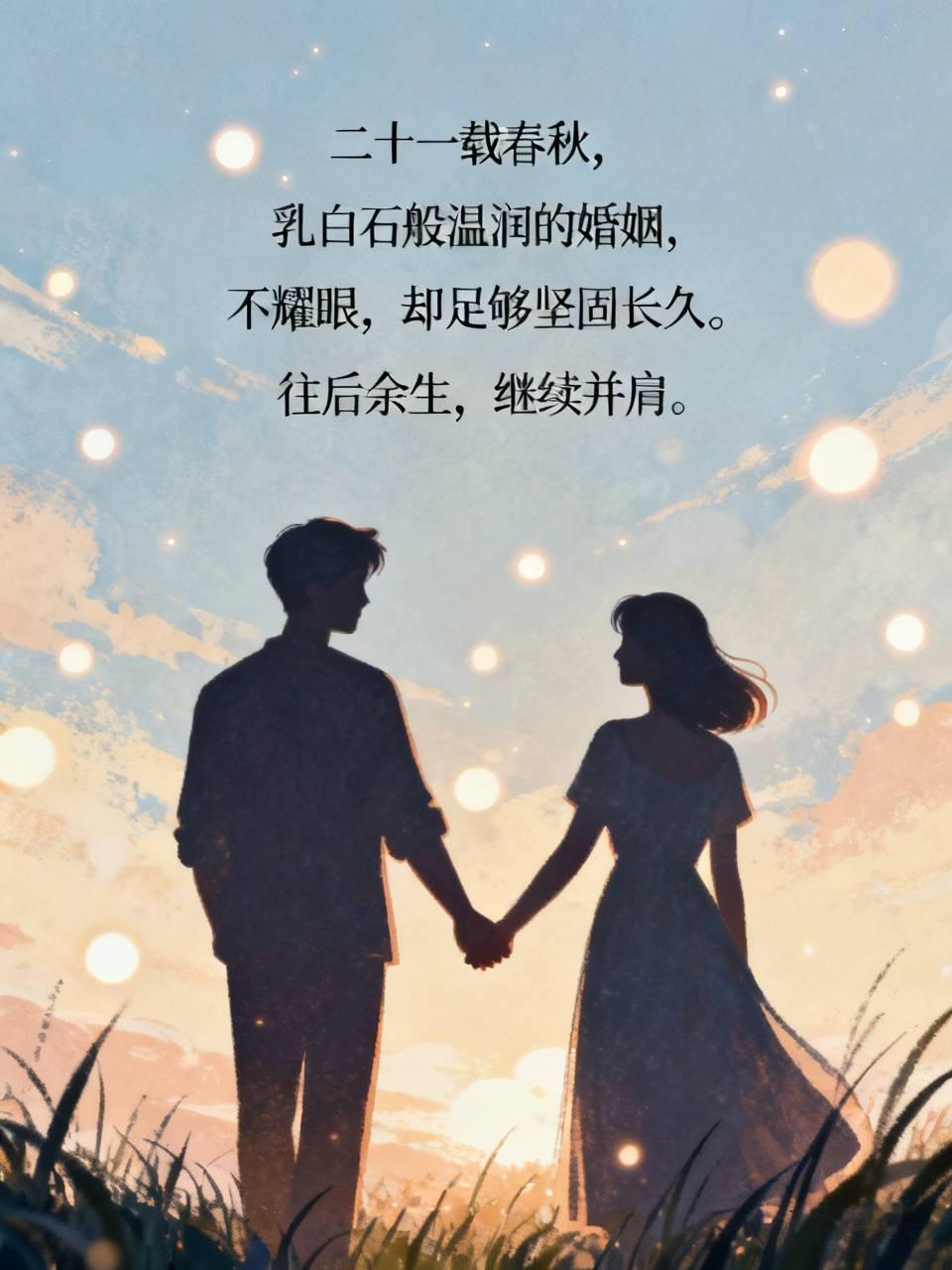 二十一载春秋，乳白石般温润的婚姻，不耀眼，却足够坚固长久。往后余生，继续并肩。