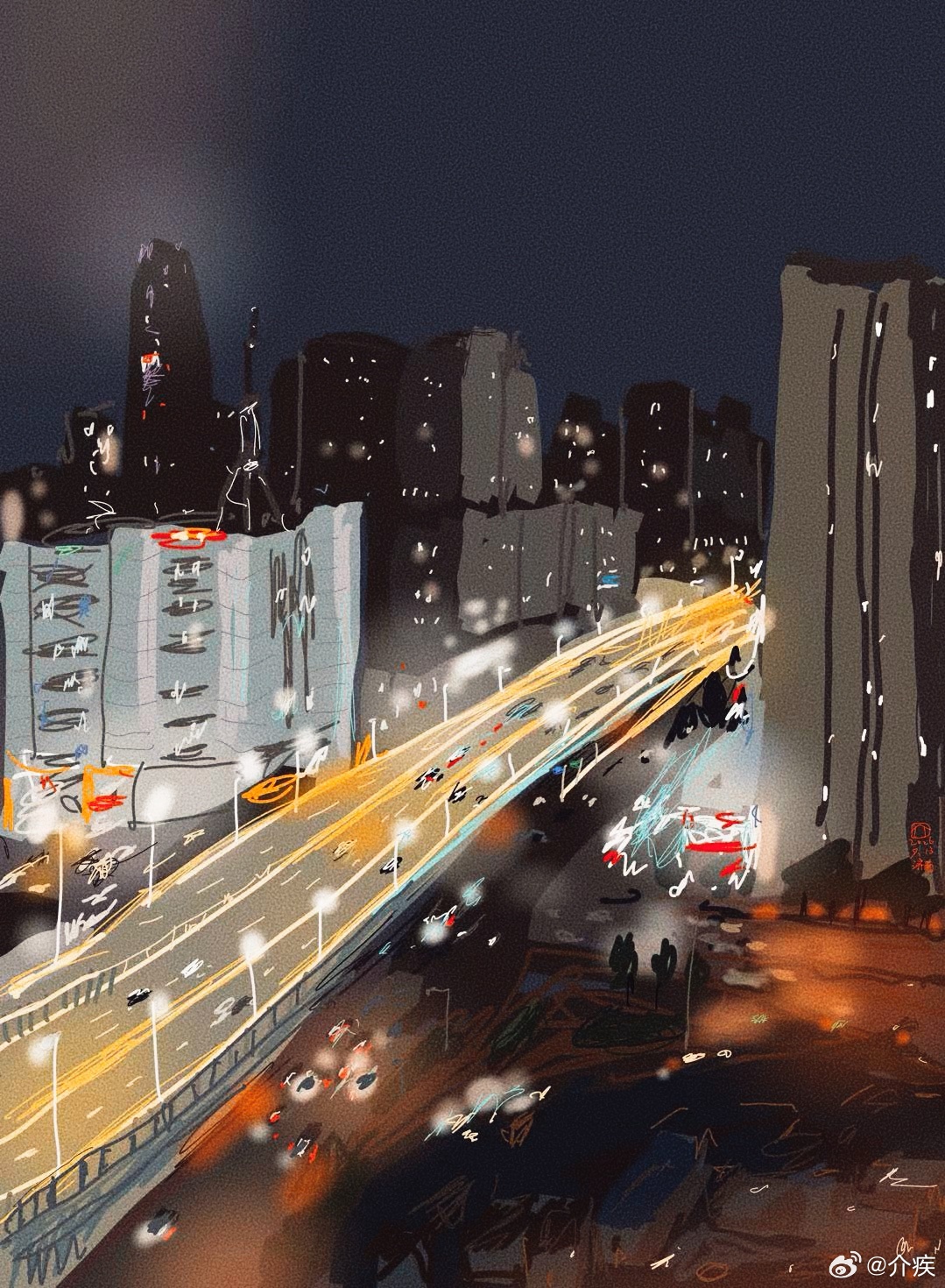城市的夜晚，车流扯出金色的河。 ​​​