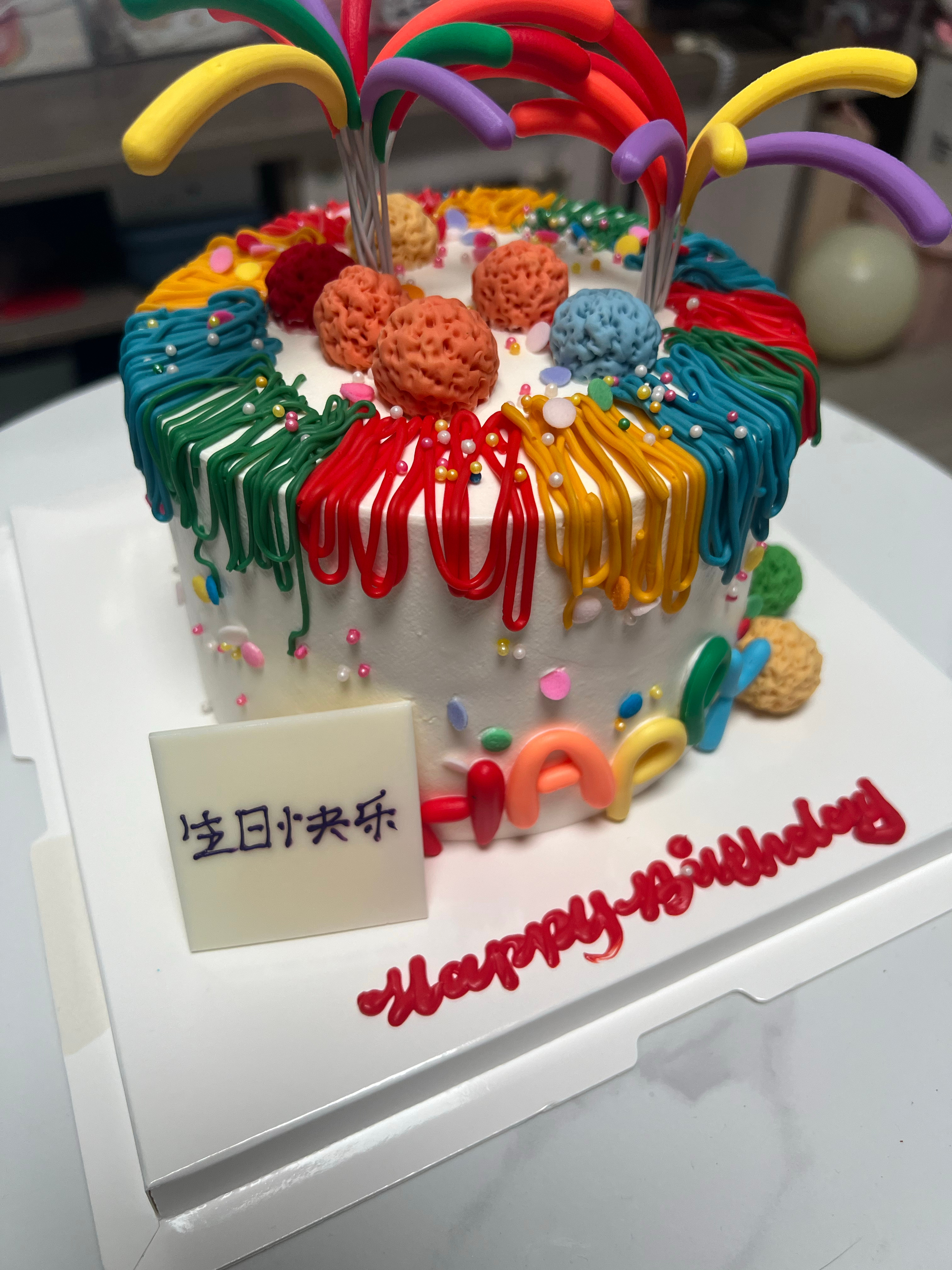 米米前几天生日～大亨给定了一个蛋糕我一看有点吃惊接着大姨说：小朋友的世界五彩缤纷