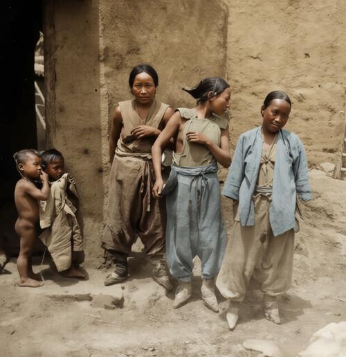 这张照片拍摄于20世纪初的西北，三位农村妇女和两个幼童在自家土坯房前的瞬间。照片