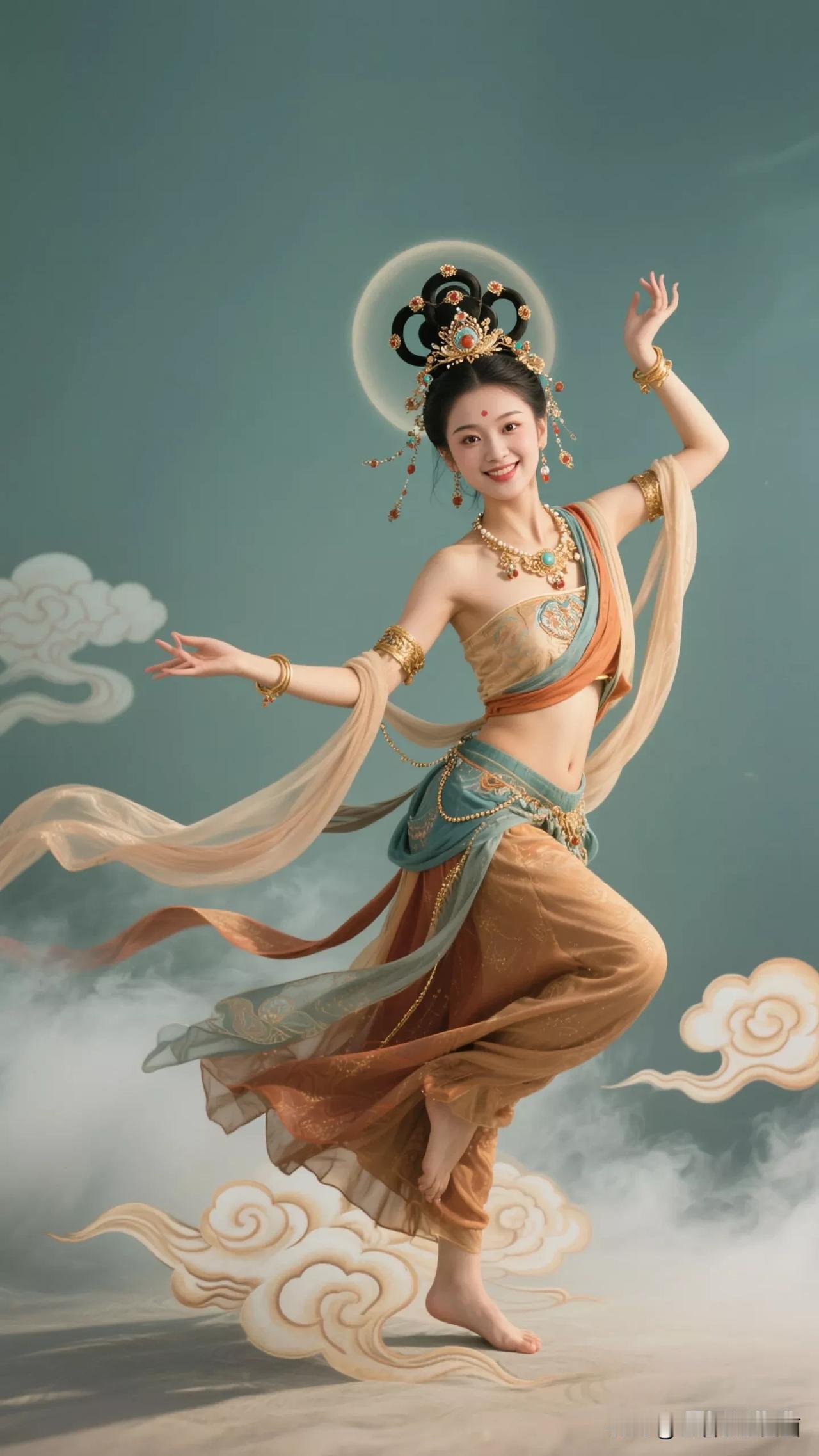 仙气飘飘的古典舞者，轻盈舞步，如梦如幻张立启原创书画AI作品古仕女发髻服饰集锦首