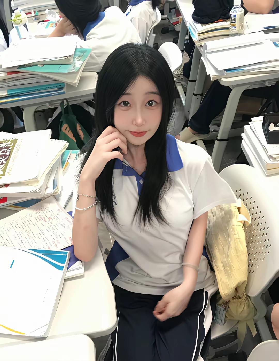 教室里坐着一个可爱的女生。 随手拍张图，分享美好瞬间 分享小姐姐的美照 白色西服