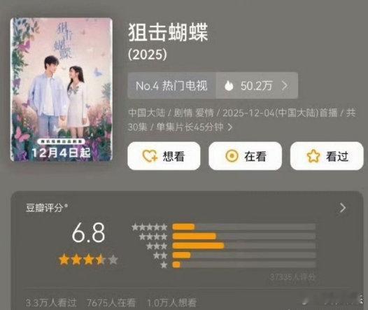 狙击蝴蝶豆瓣开分6.8 《狙击蝴蝶》豆瓣开分6.8，你觉得如何？ 部分网友觉得这