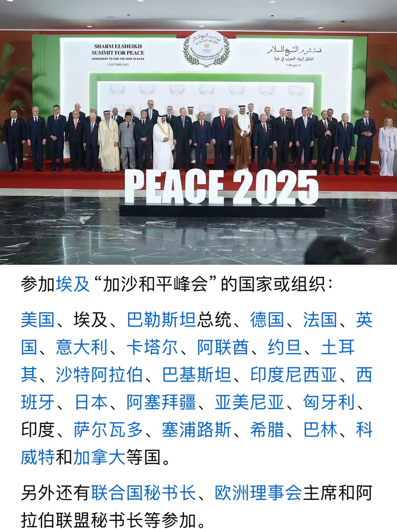 埃及“加沙和平峰会”，二十多国领导人出席，欧洲主要国家英国、法国、德国、意大利等