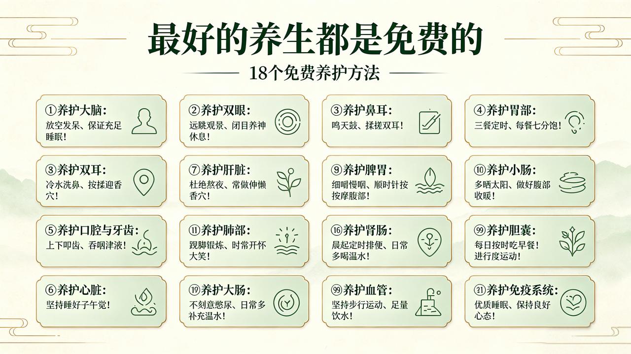 最好的养生都是免费的！

①养护大脑：最优方式为放空发呆、保证充足睡眠！
②养护