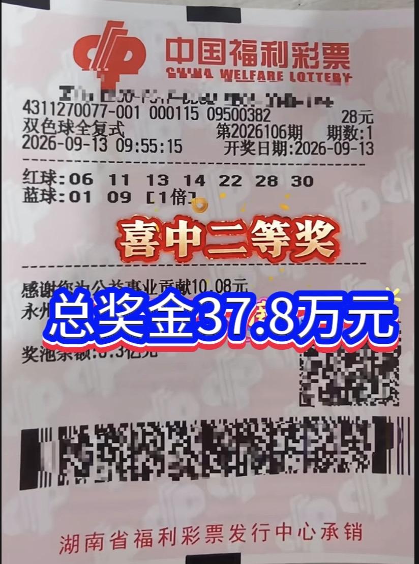 一号之差憾失头奖！湖南永州彩友28元复式拿下37.8万奖金。

双色球26106