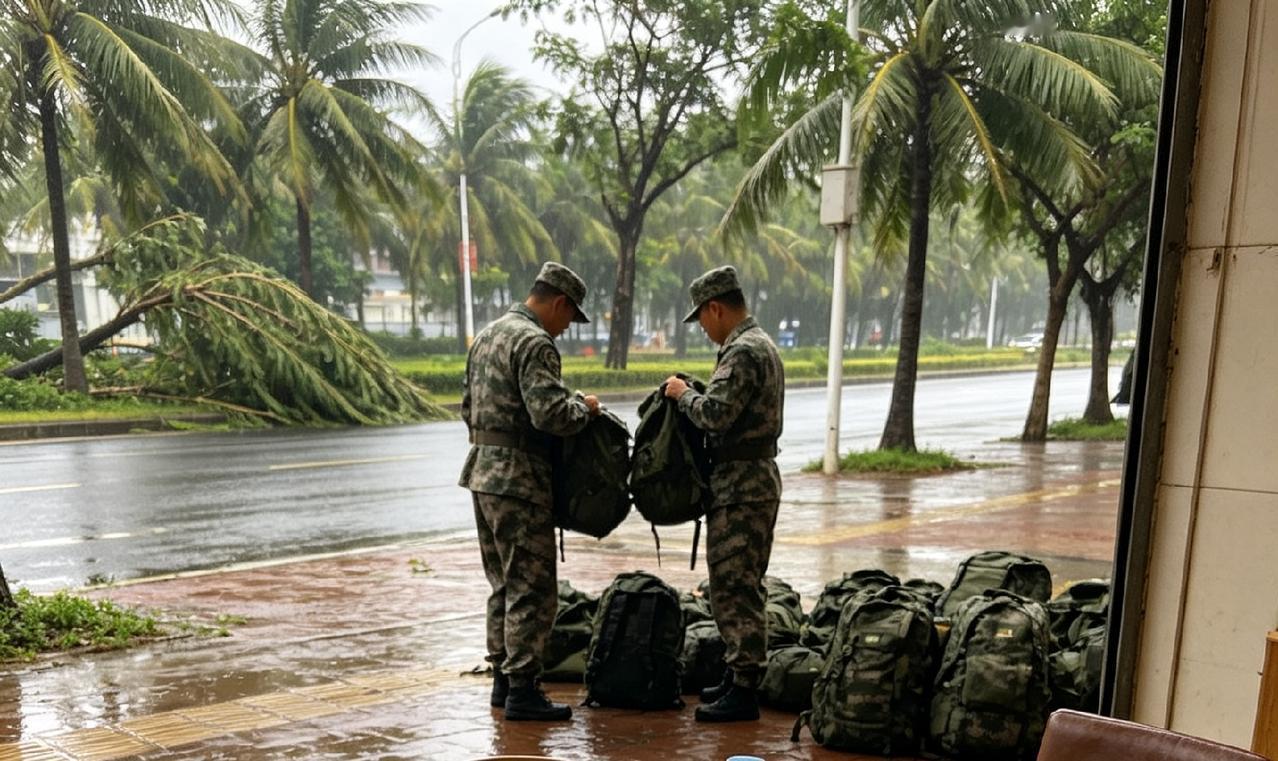 此前海口遭遇台风侵袭，解放军官兵奔赴一线抢险救灾。任务间隙，战士们临时借用酒店空