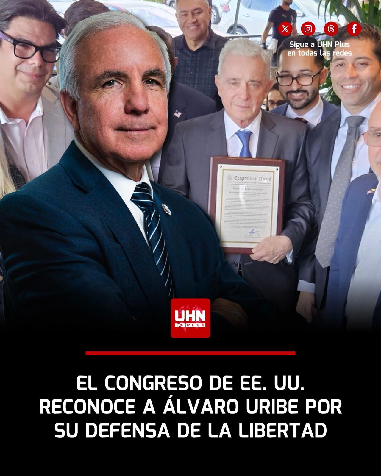 突发新闻——美国国会向哥伦比亚前总统阿尔瓦罗·乌里韦致敬，表彰他对自由的坚守以及