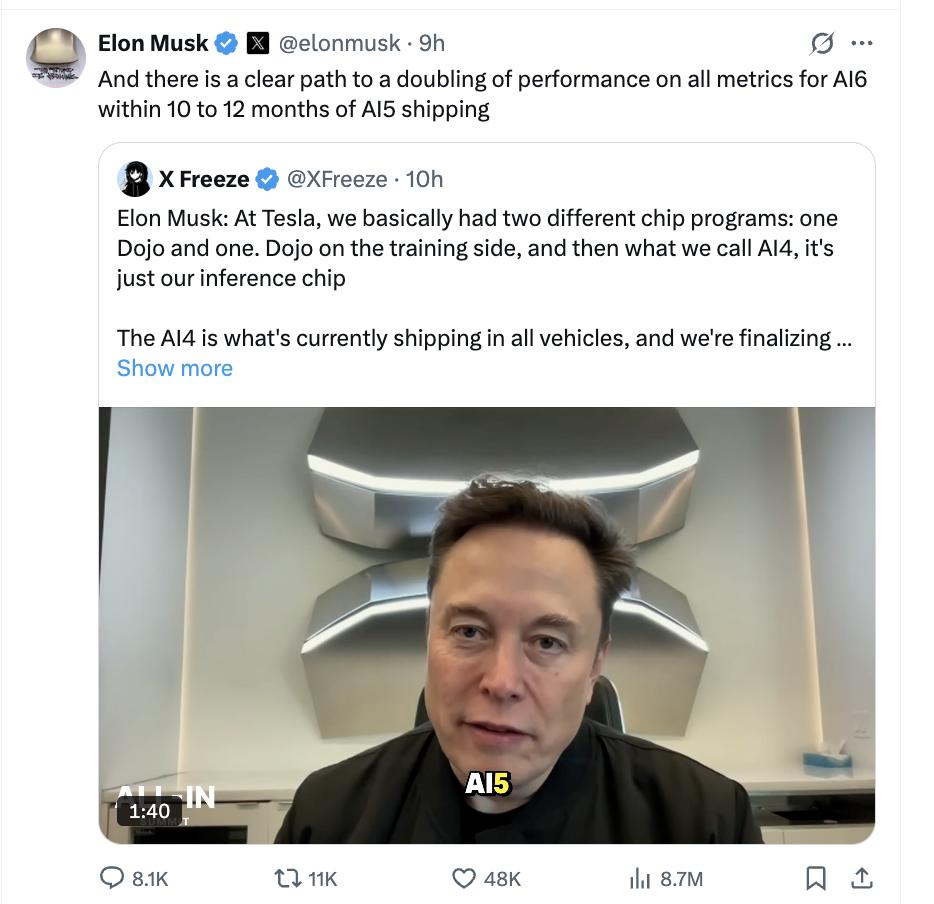 特斯拉预告全新AI5芯片，或将革新自动驾驶技术
马斯克公布了特斯拉AI5芯片的最