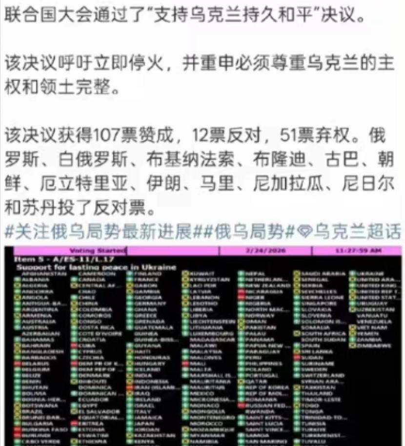弱国无外交啊，支持乌克兰的国家只有107个，但是支持俄罗斯的国家居然高达12个。