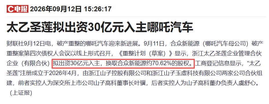 9月11日，哪吒汽车母公司合众新能源破产重整案第四次债权人会议。一家叫“浙江太乙