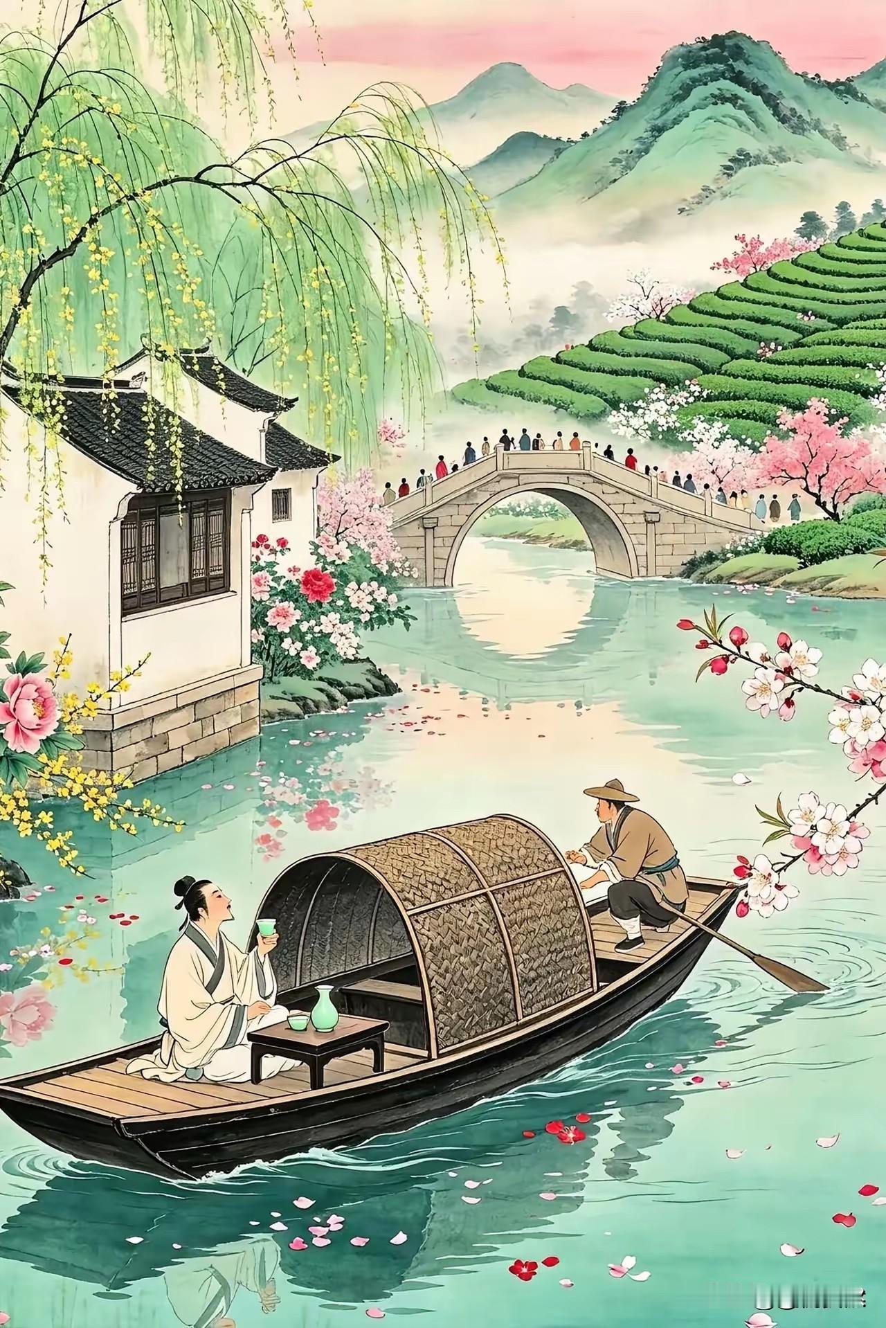 江南春泛
白墙黛瓦柳丝柔，
碧水轻舟载酒游。
粉瓣随波浮浅艳，
江南美景眼底收。