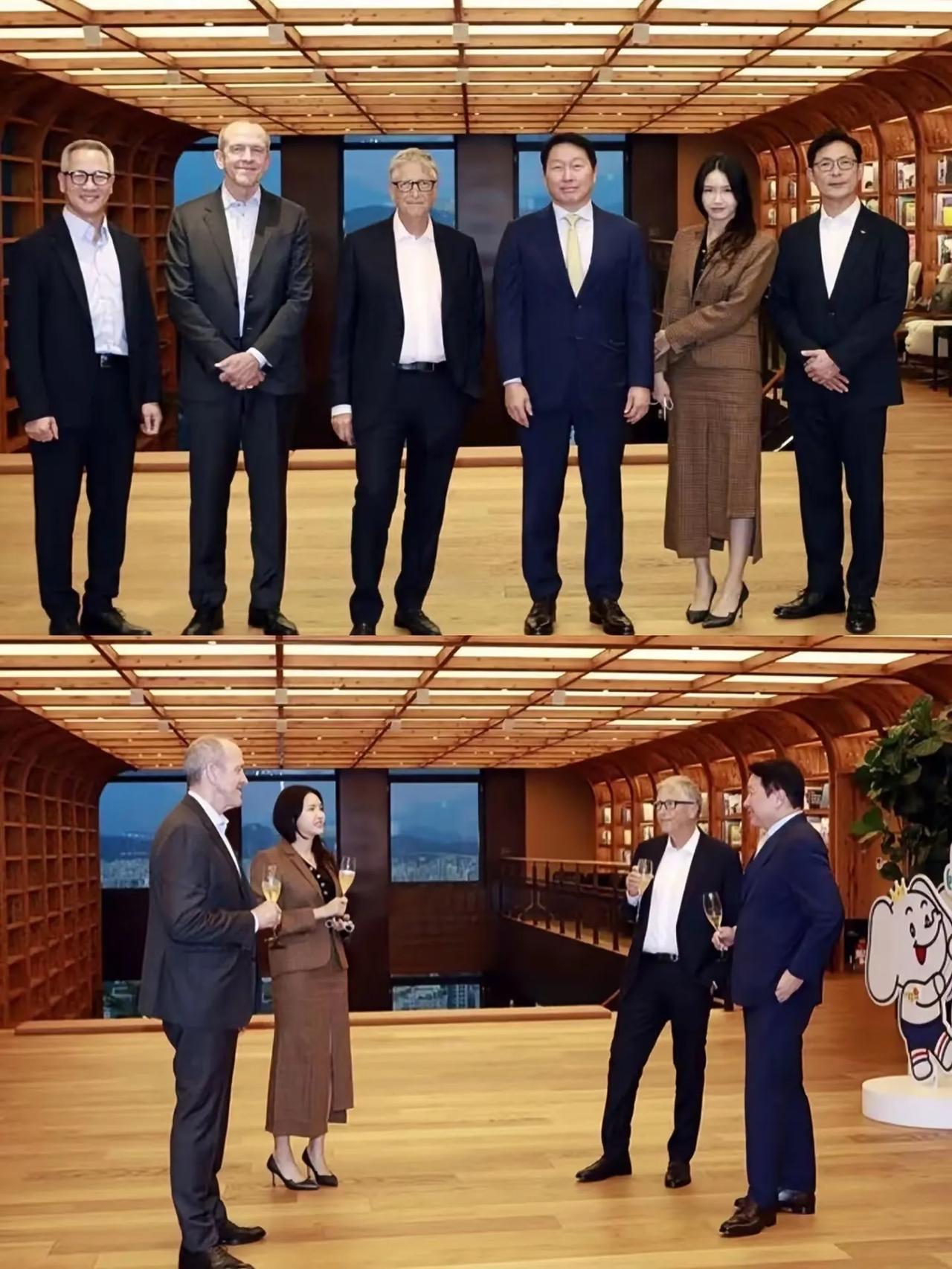 比尔盖茨还在韩国溜达，他跟SK会长崔泰源见面了，他站在中心位合影，崔泰源站在他边