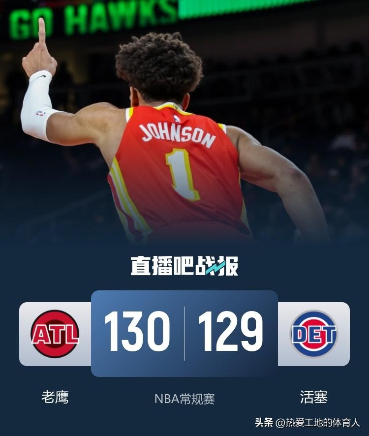 坎宁安继续缺阵
活塞主场129:130惜败老鹰结束4连胜
老鹰队3人得分20+，