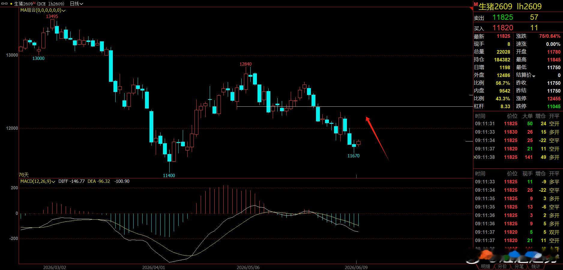 期货 生猪继续筑底运行，前面没有达到我们预定的位置，也没有收出我们预定的K线，所