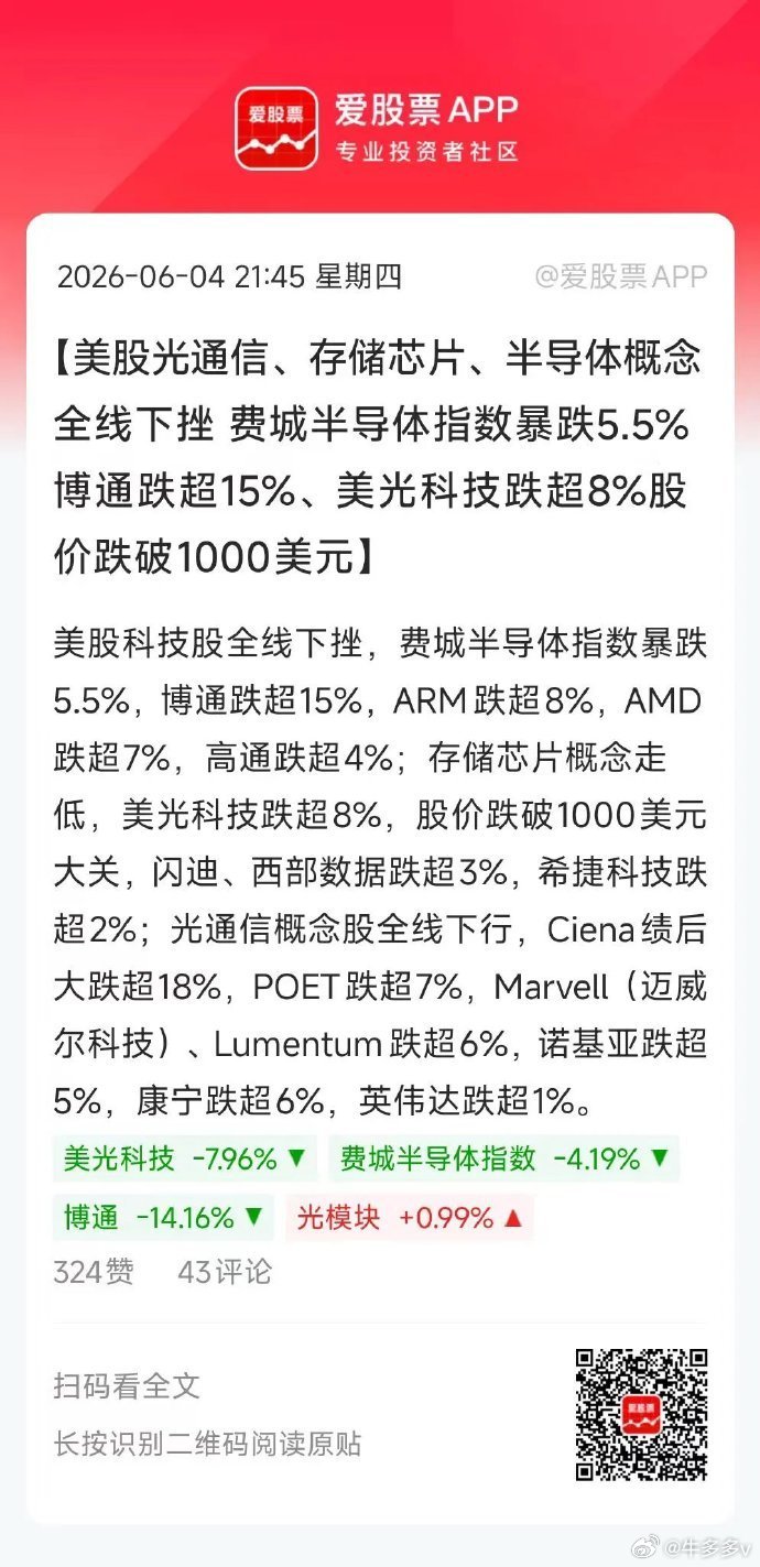 今晚美股半导体科技大跌，博通暴跌15%，美光科技跌超7%，AMD大跌近6%，英特