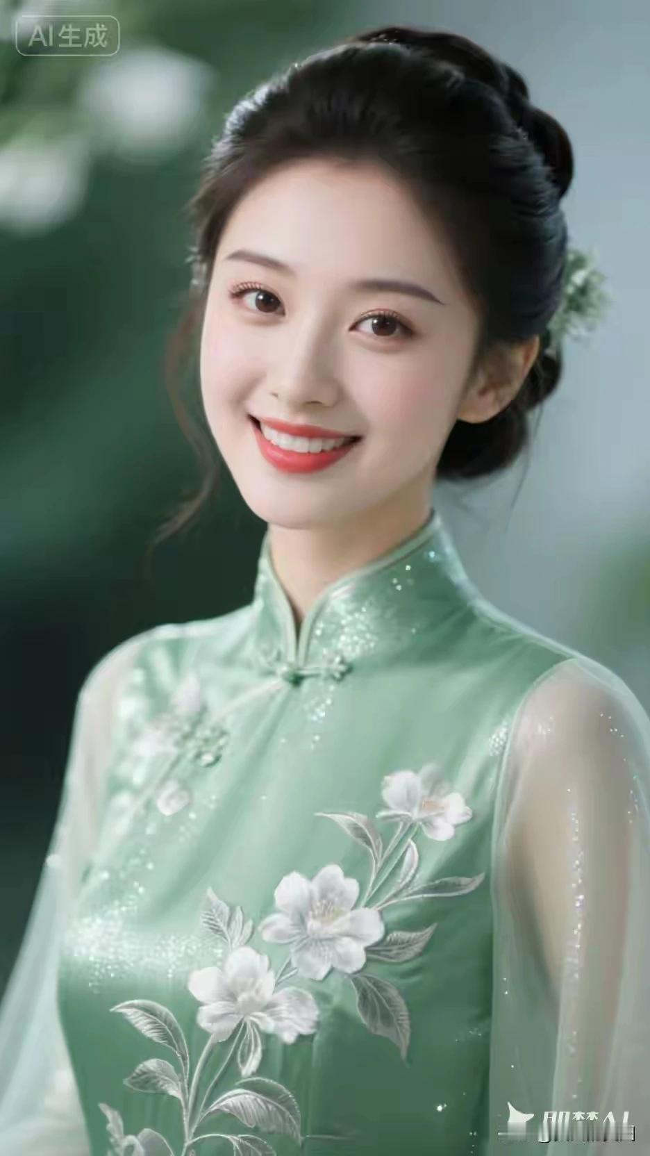嫣然一笑百媚生，
恰似春风拂柳轻。
绿色旗袍浅色花，
宛若清水出芙蓉。