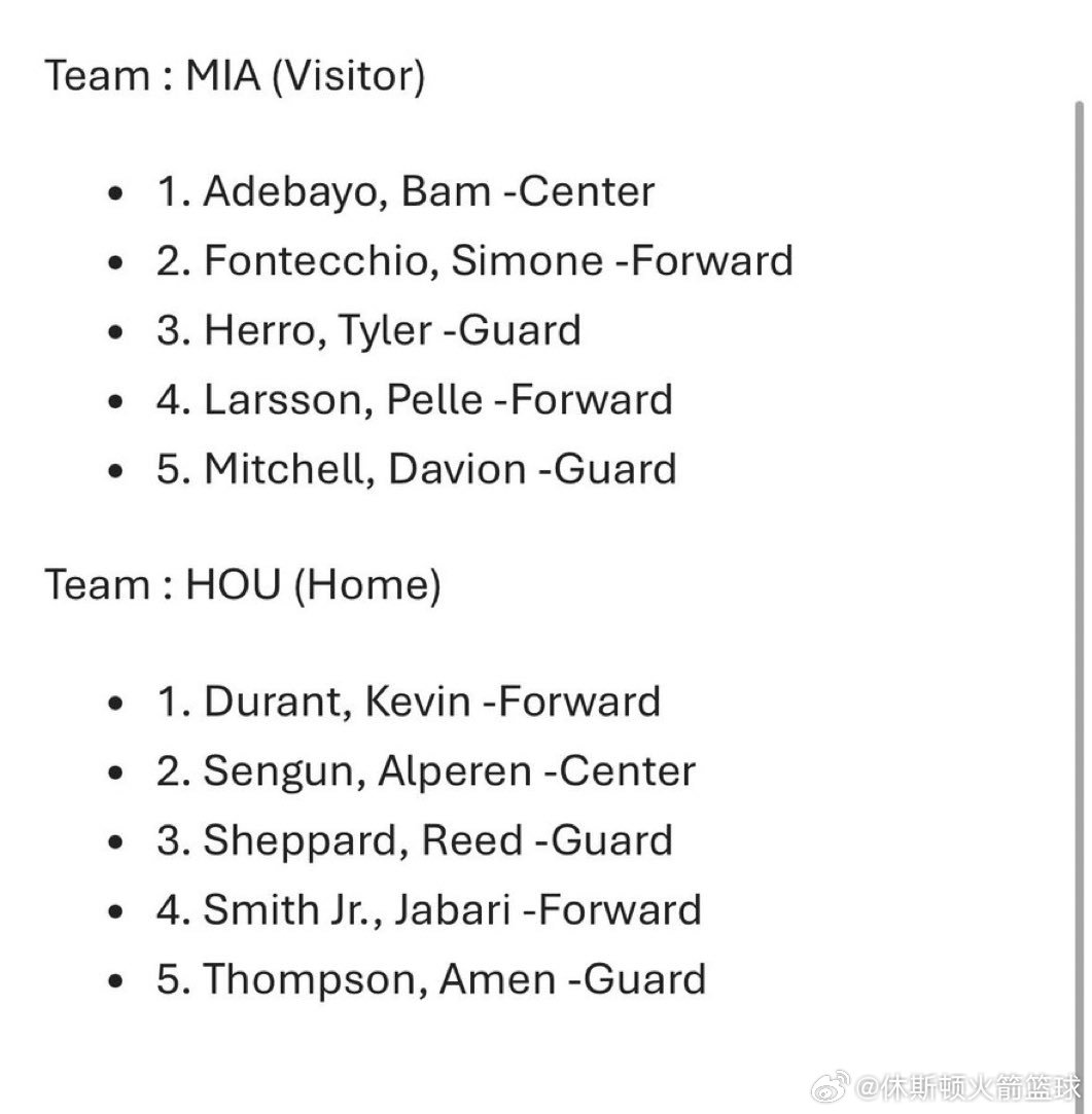 今日双方首发出炉，谢泼德继续首发🔥▪️休斯顿火箭（主队）1. 凯文·杜兰特 –